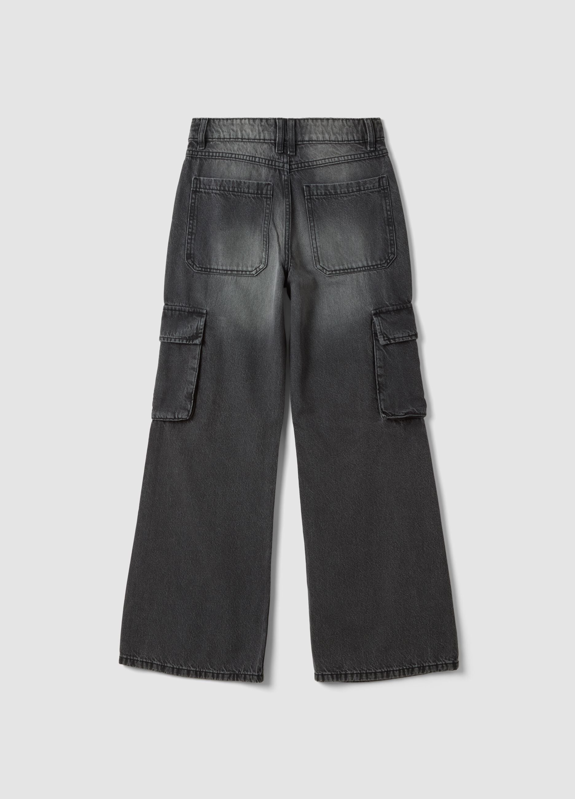 Girls&rsquo; grey cargo jeans in pure cotton, relaxed fit
