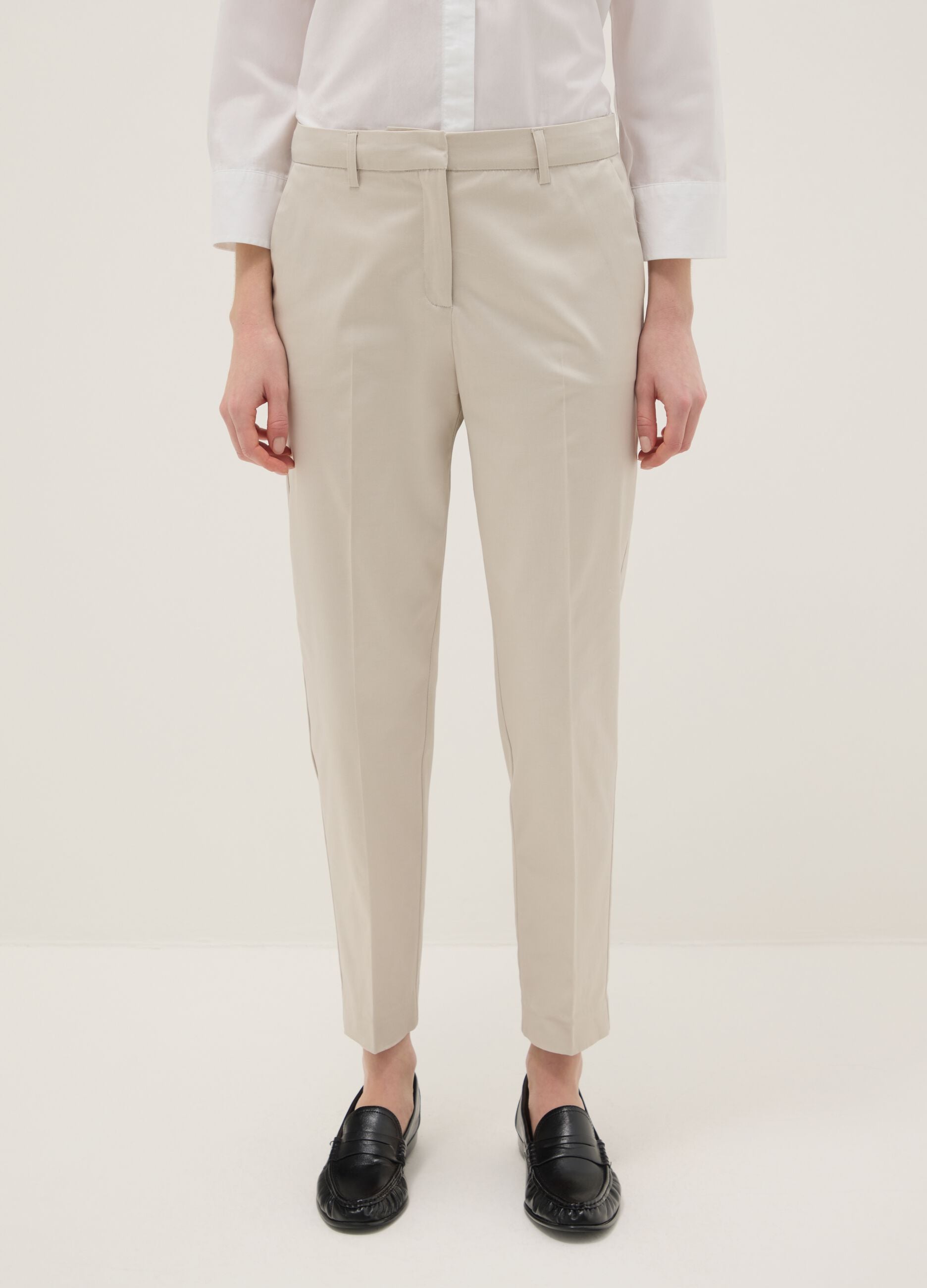 Beige stretch cotton satin trousers regular fit