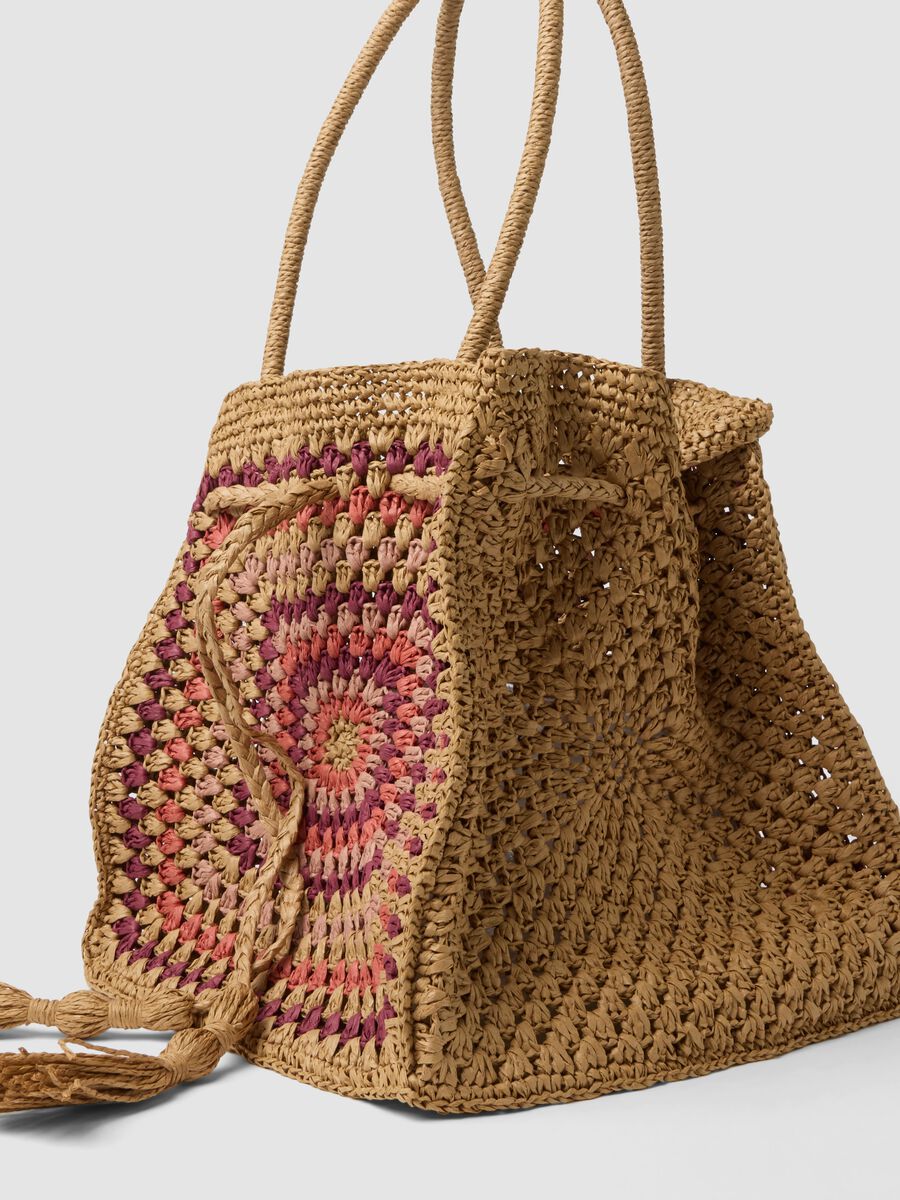 Shopper beige in puro tessuto carta con dettagli colorati_2