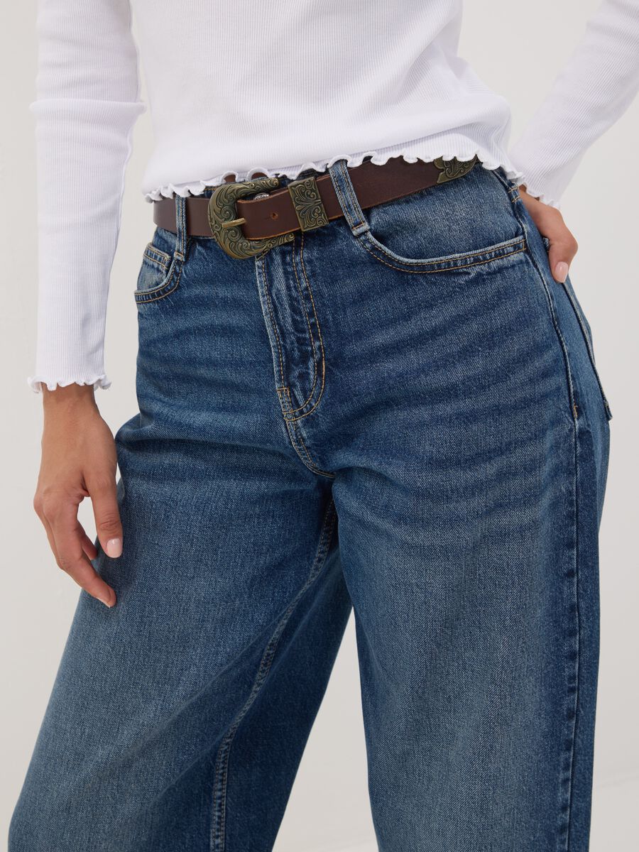 Dark blue pure cotton denim barrel-fit jeans_3