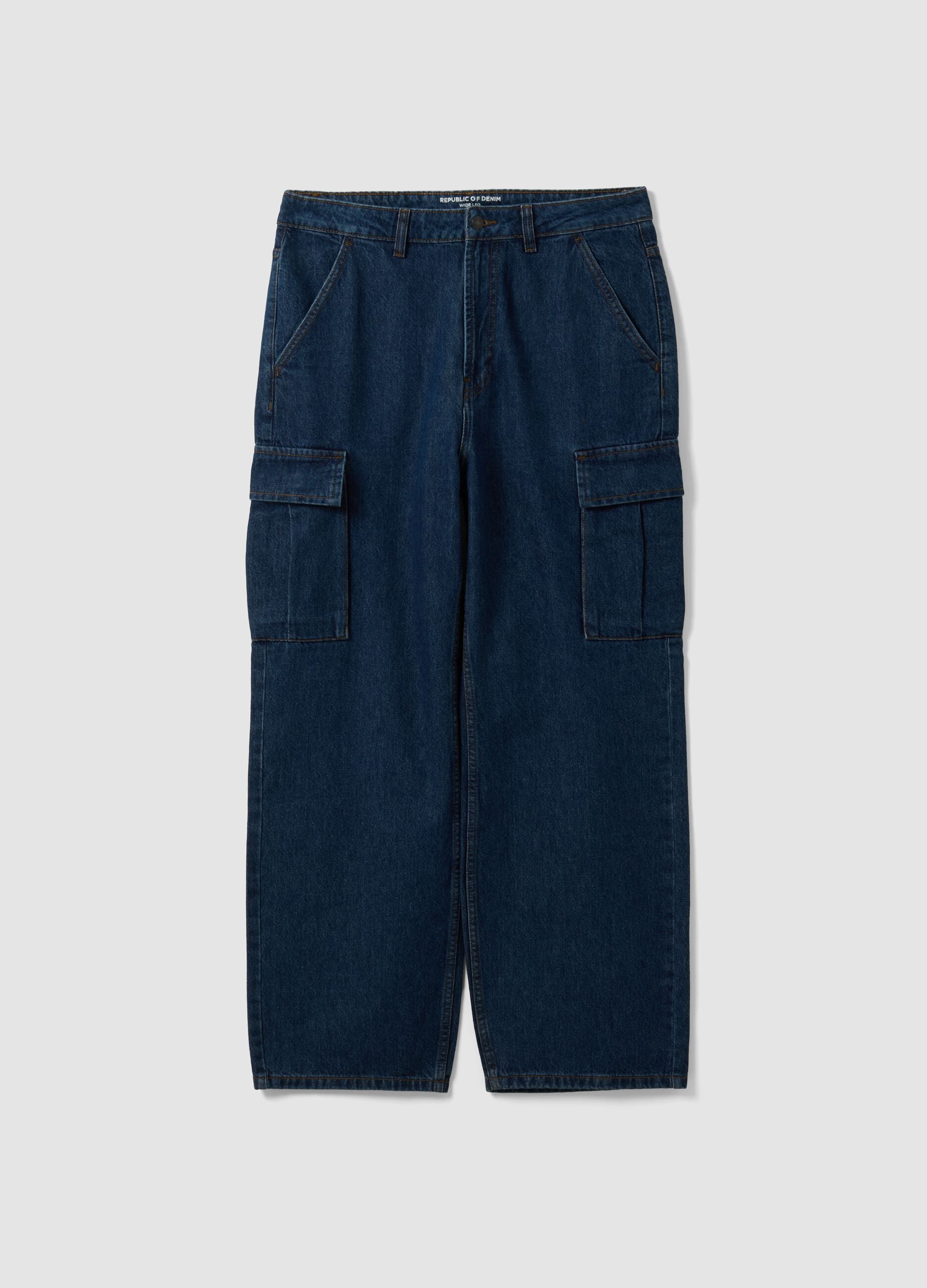Dark blue pure cotton wide-leg cargo jeans