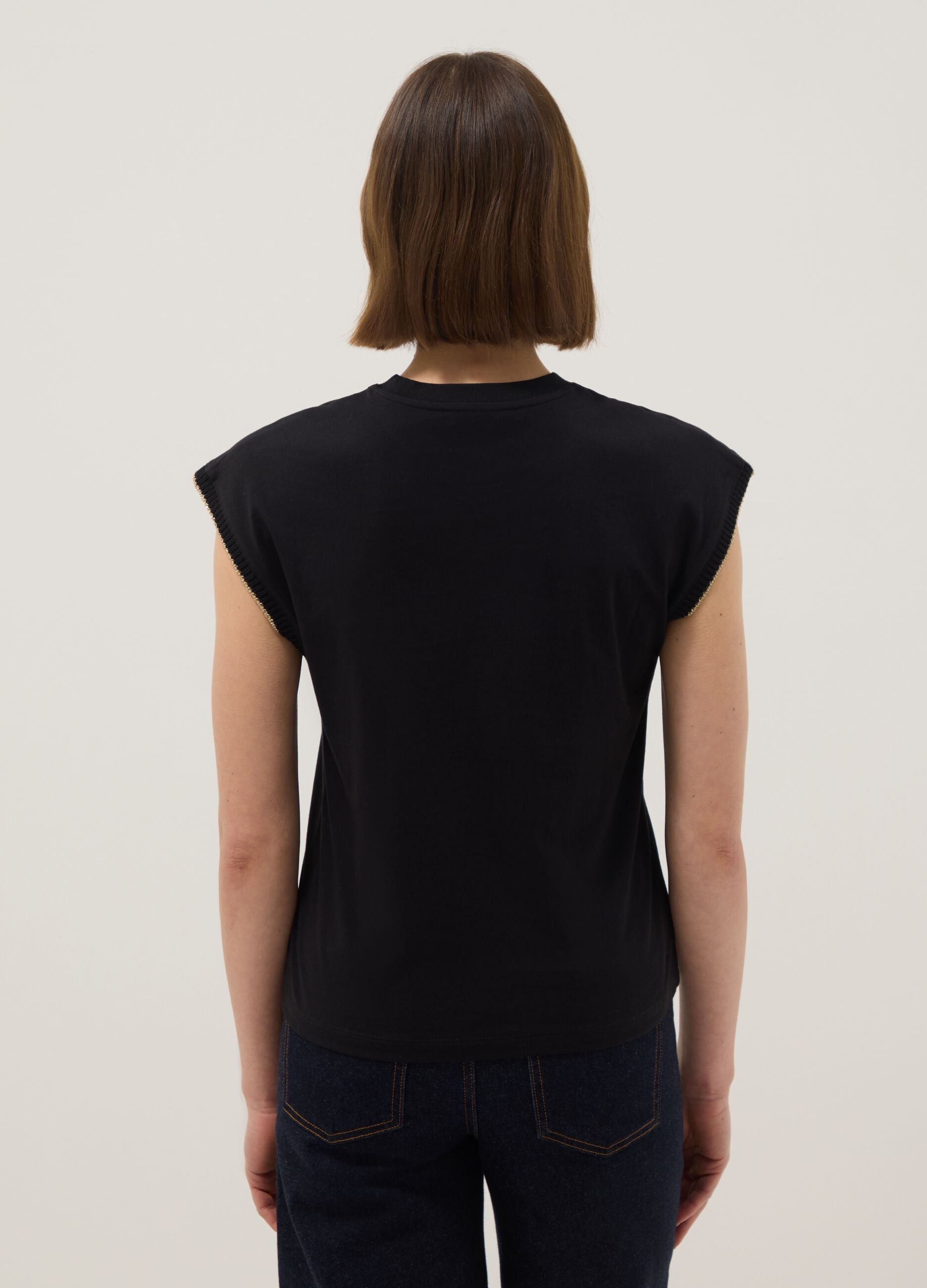 Black sleeveless pure cotton T-shirt, regular fit