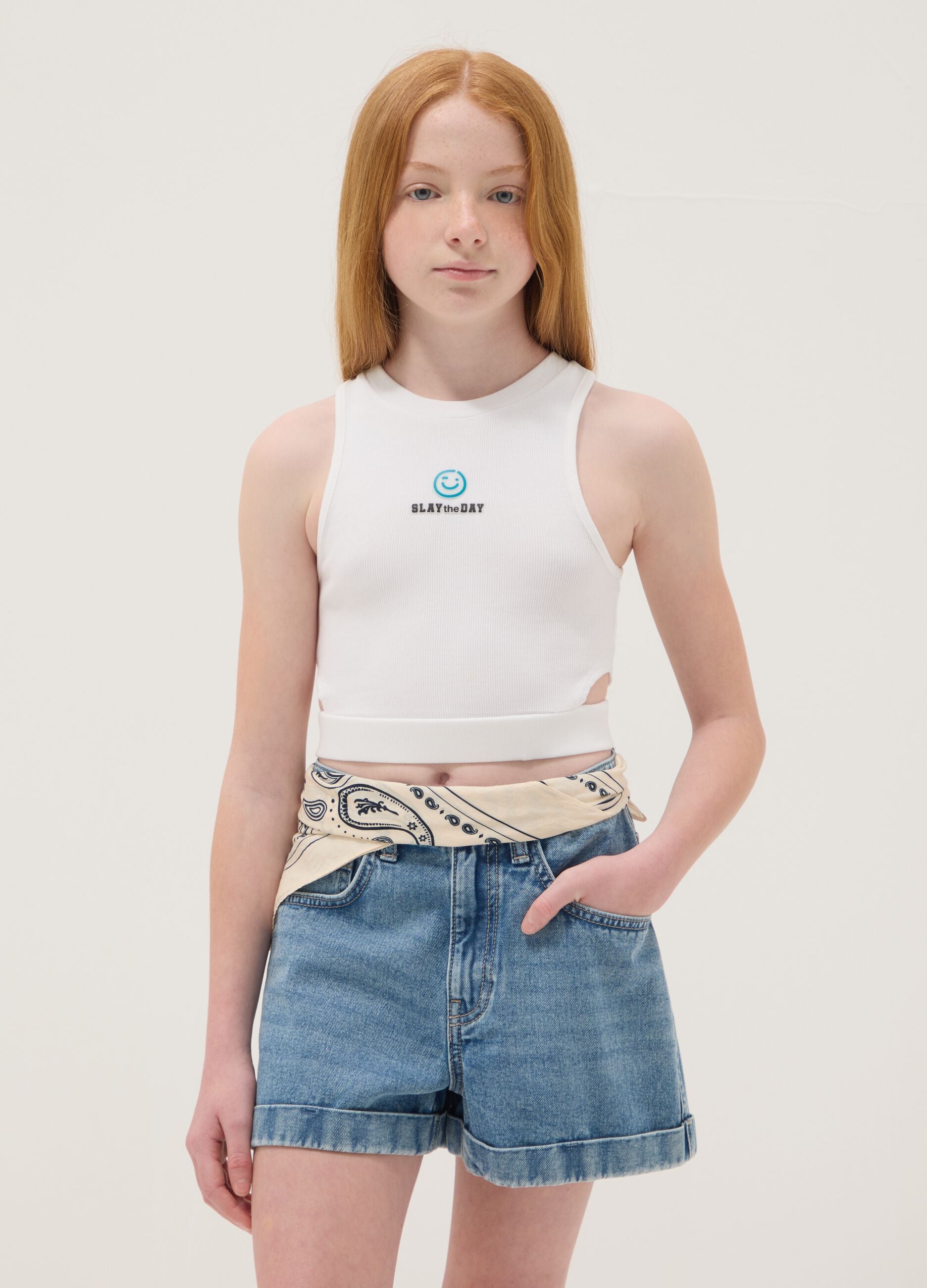 White stretch cotton cropped tank top