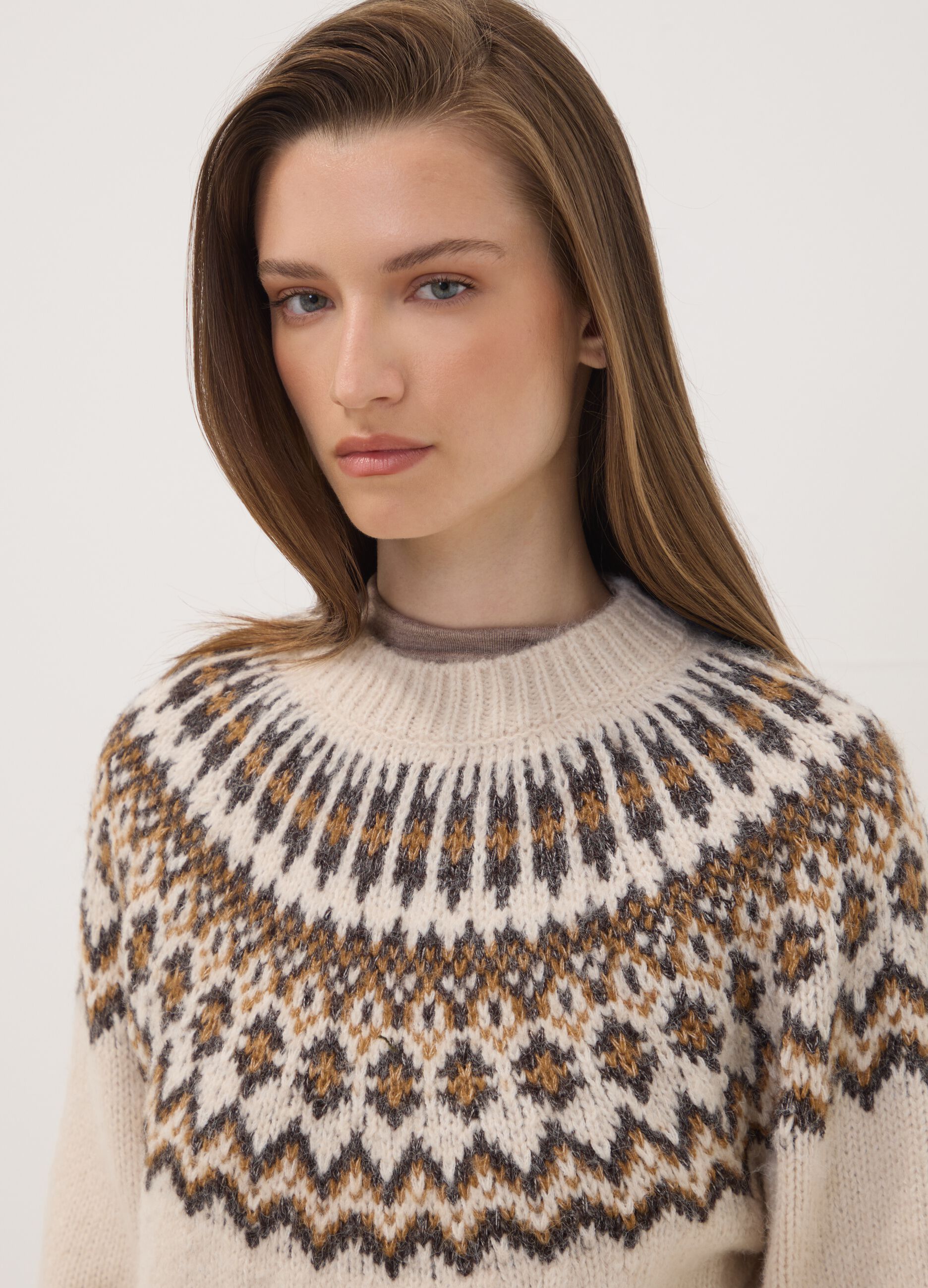 Beige Jacquard Jumper with High Neck