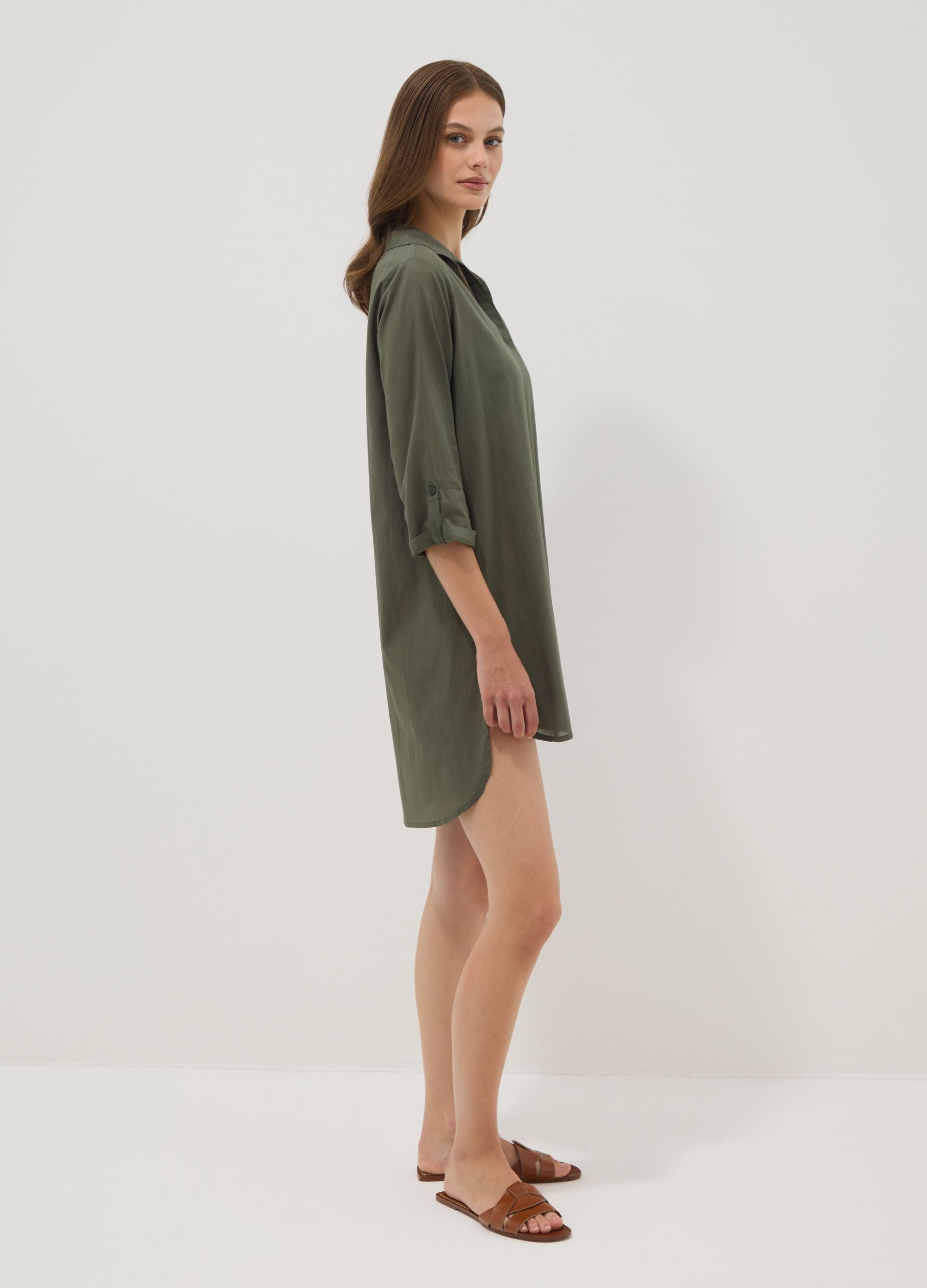 Green pure organic cotton kaftan with V-neck