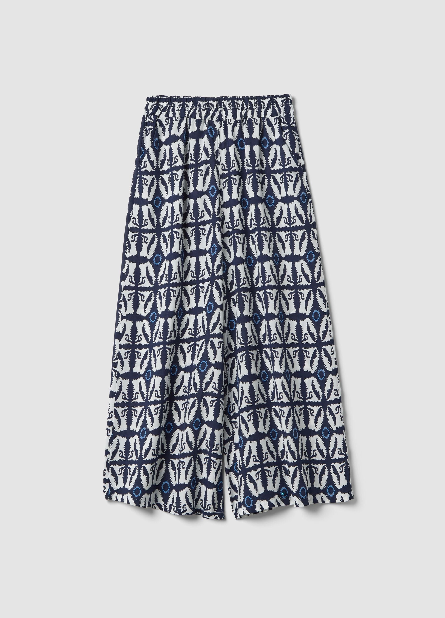 White pure-viscose printed trousers, regular fit