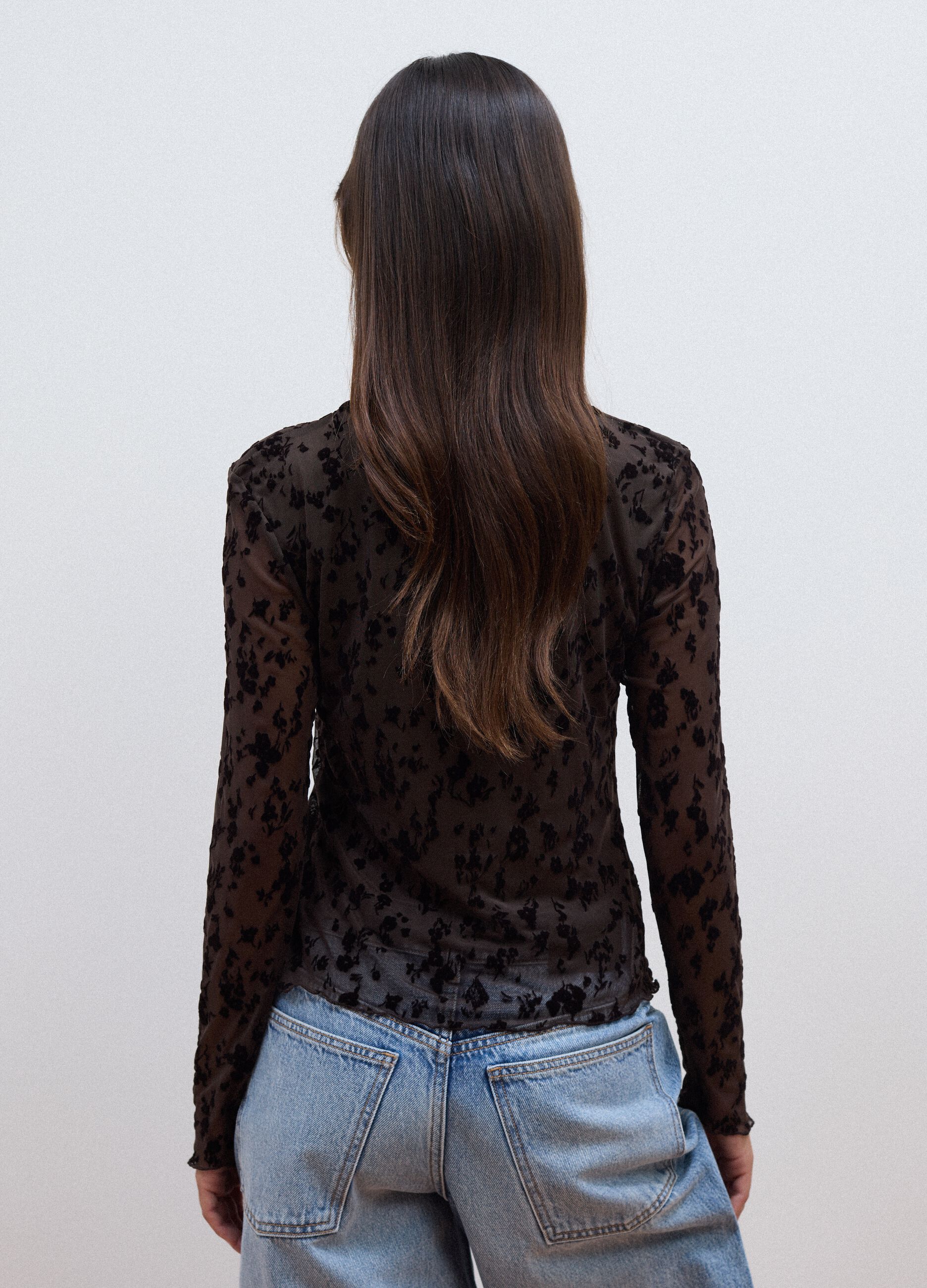 Black stretch floral-pattern T-shirt