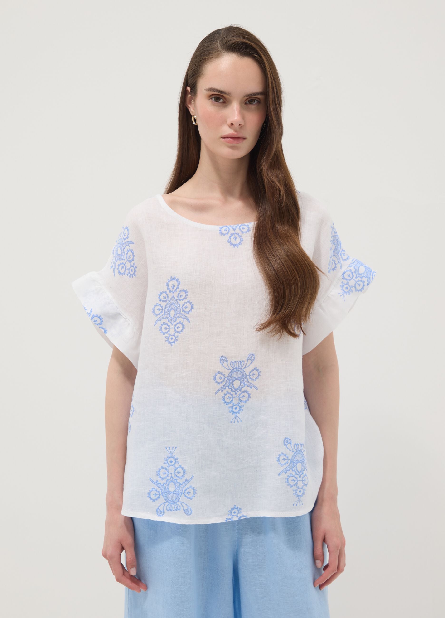 White pure linen blouse with embroidery and ruffle sleeves, regular fit