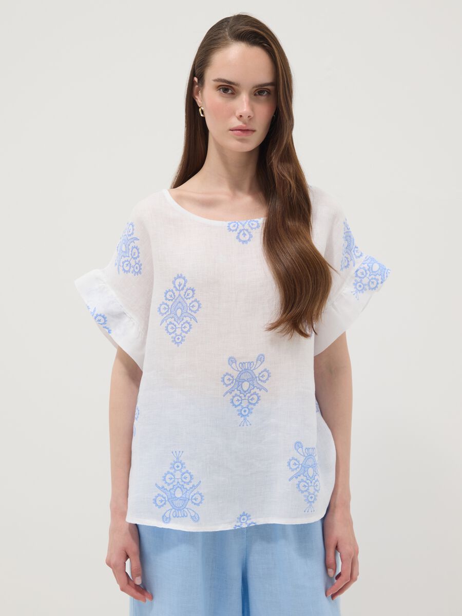 White pure linen blouse with embroidery and ruffle sleeves, regular fit_0