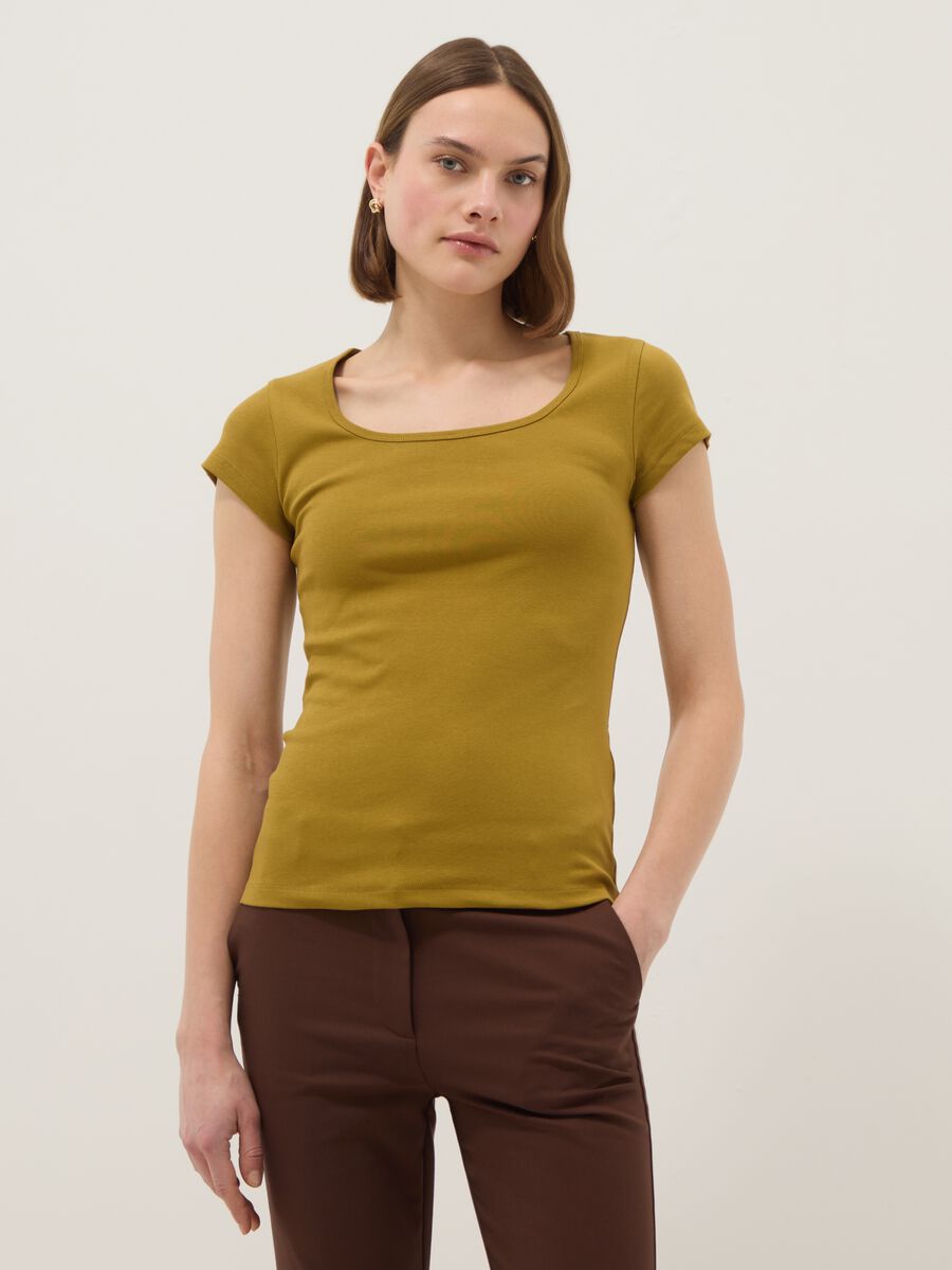 Green fitted stretch cotton T-shirt with square neckline_0