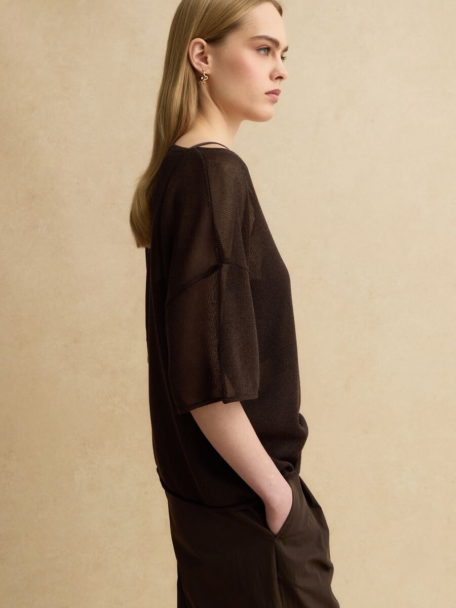 Brown oversized fit V-neck lyocell and linen blend sweater_0