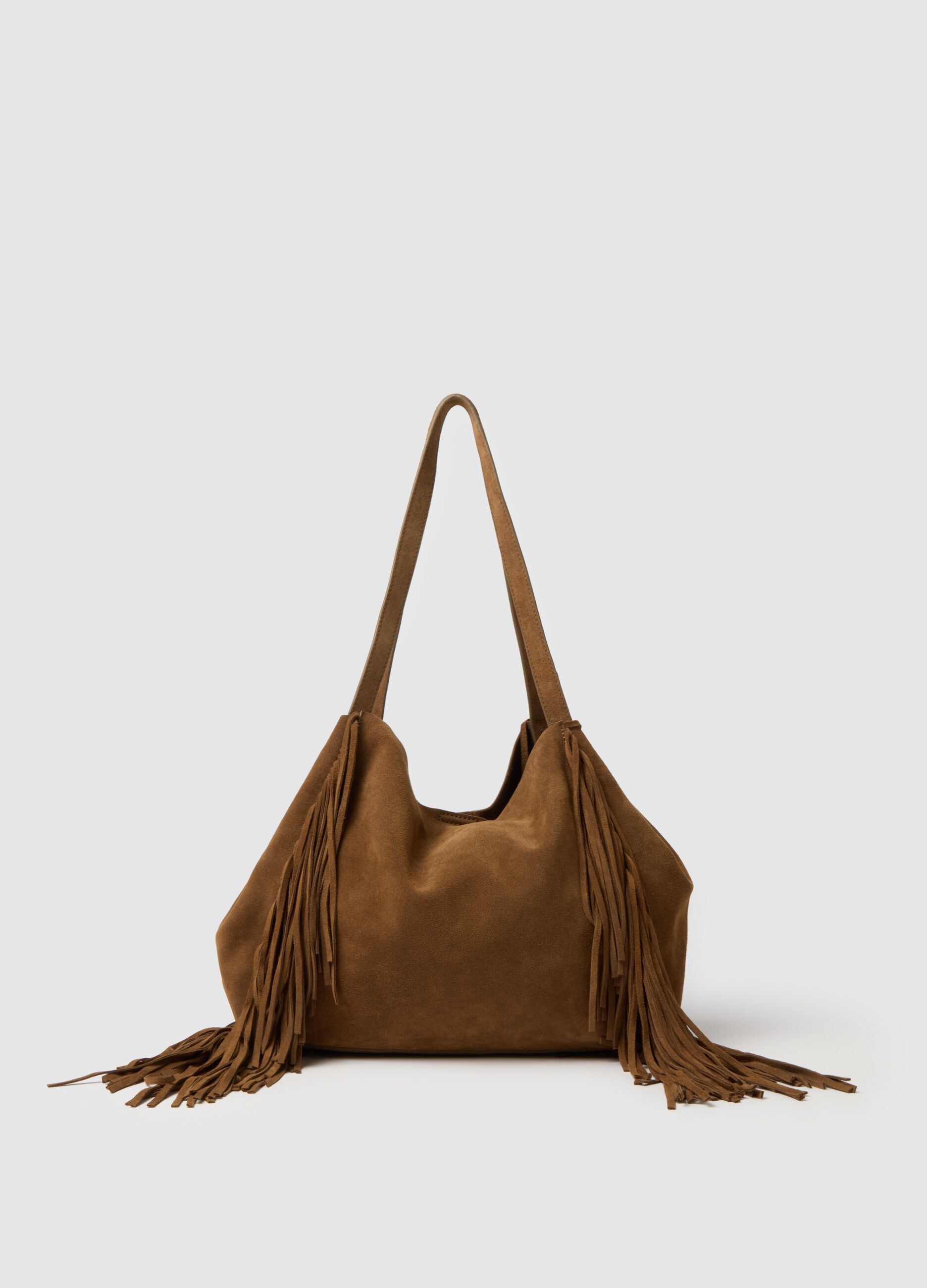 Brown Genuine Leather Shopper Bag with Fringes