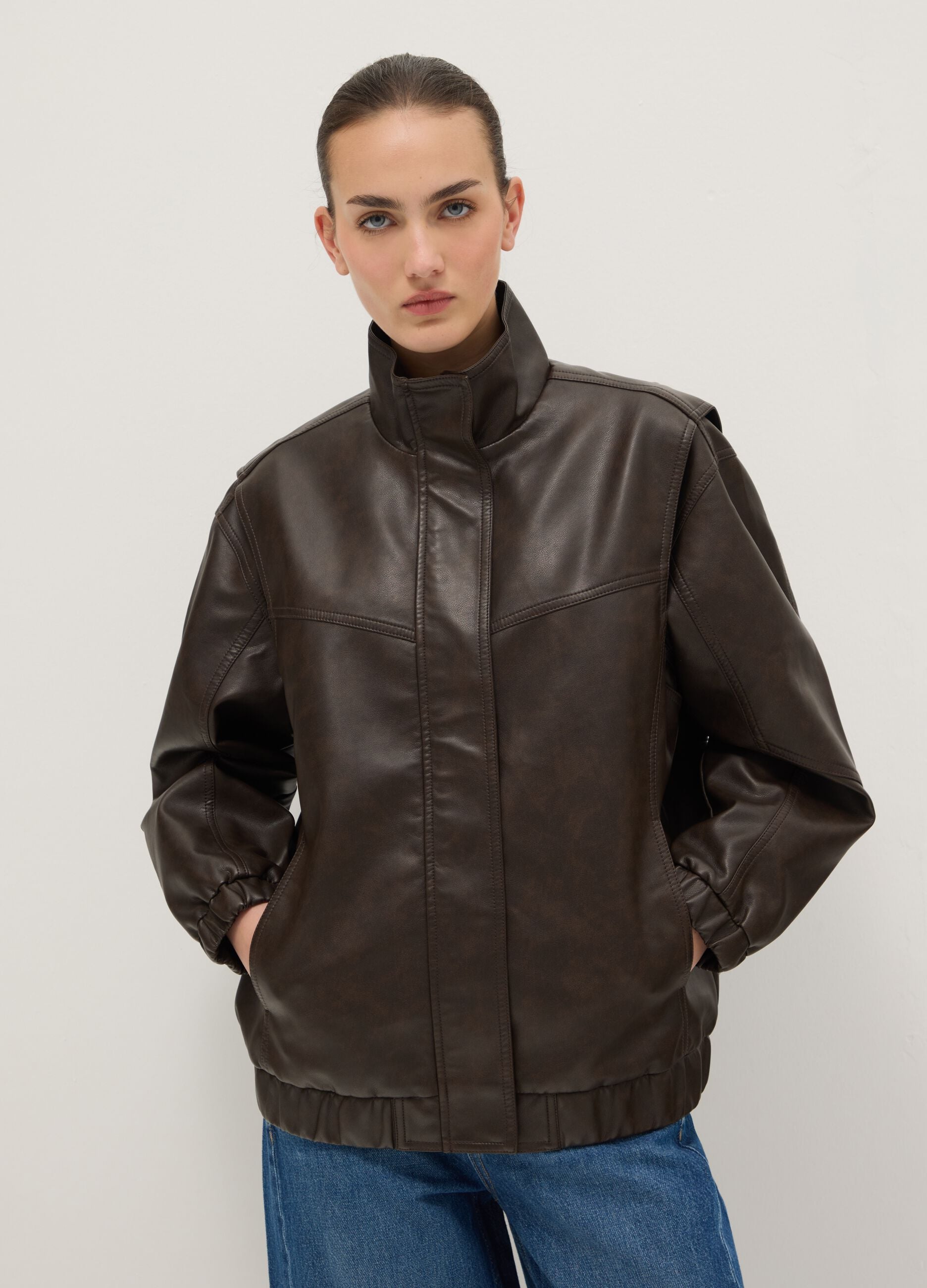 Brown biker jacket over fit with zip and buttons