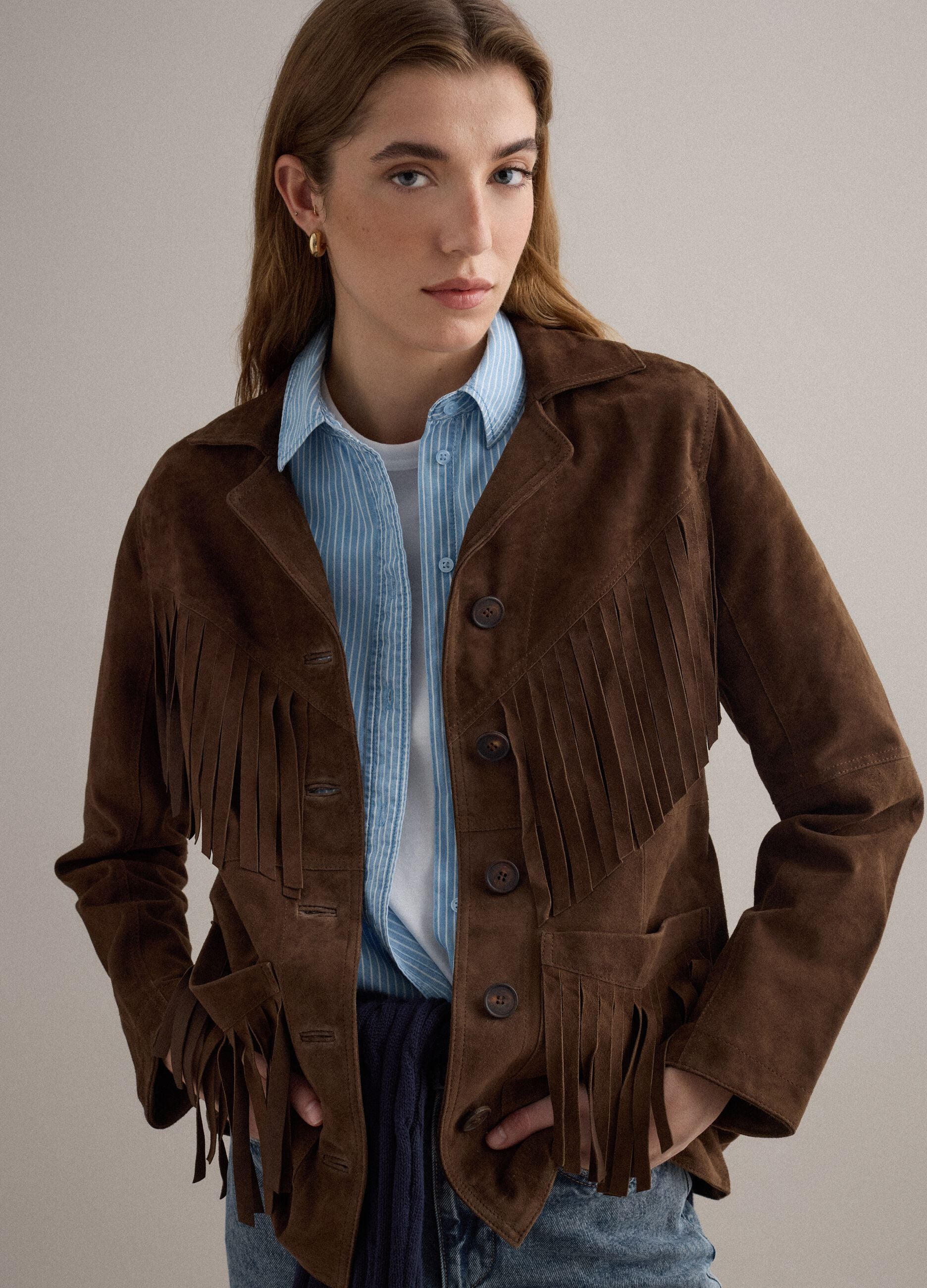 Brown genuine leather jacket with fringes