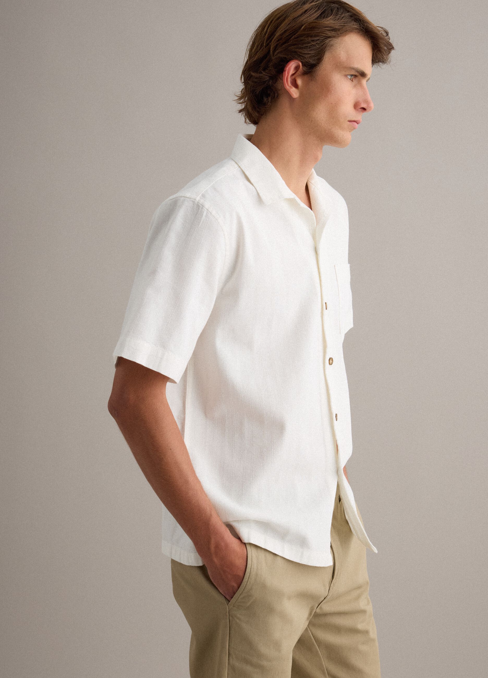 White regular-fit pure cotton shirt with stripes and chest pocket