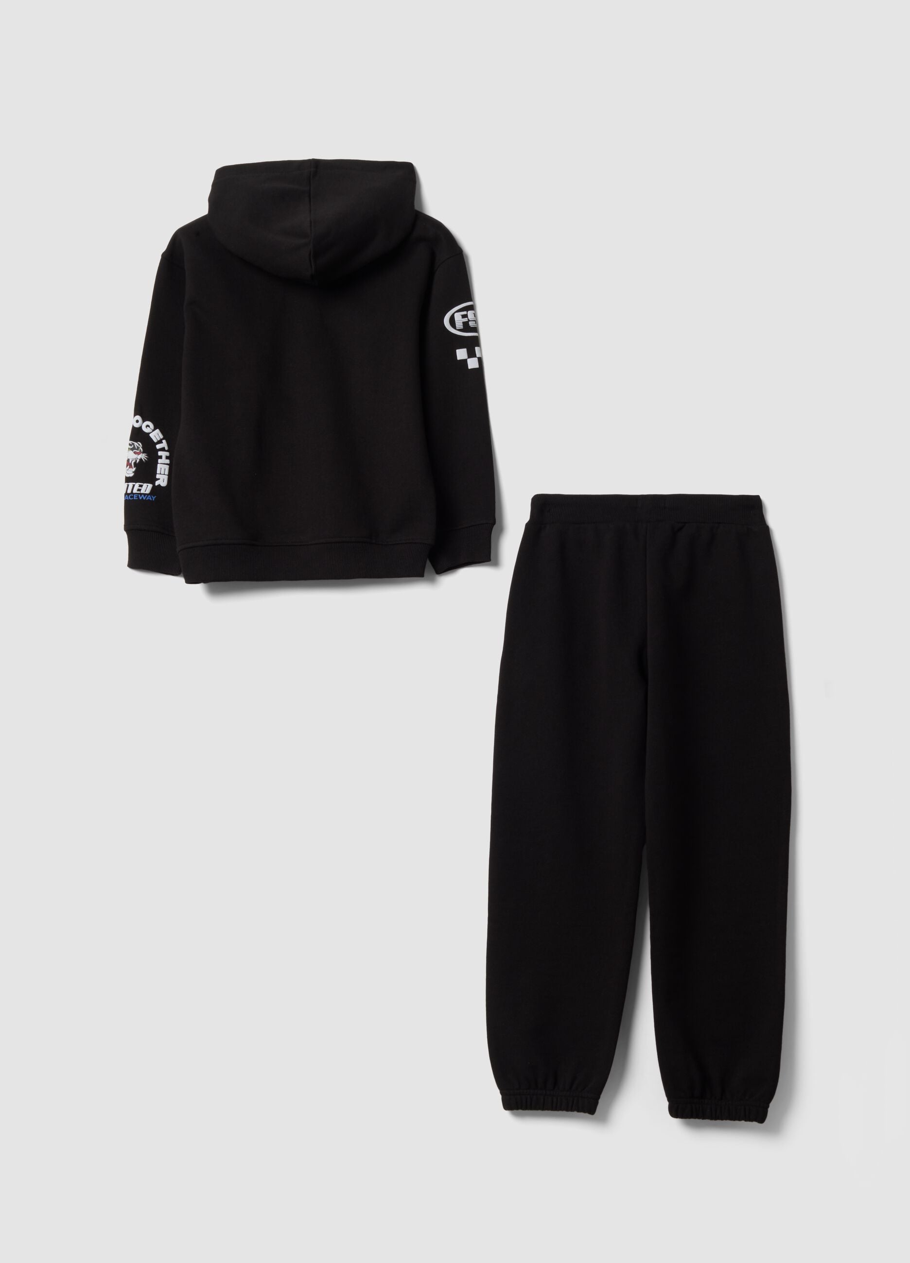 Black cotton-blend tracksuit with hood and sporty prints for boys