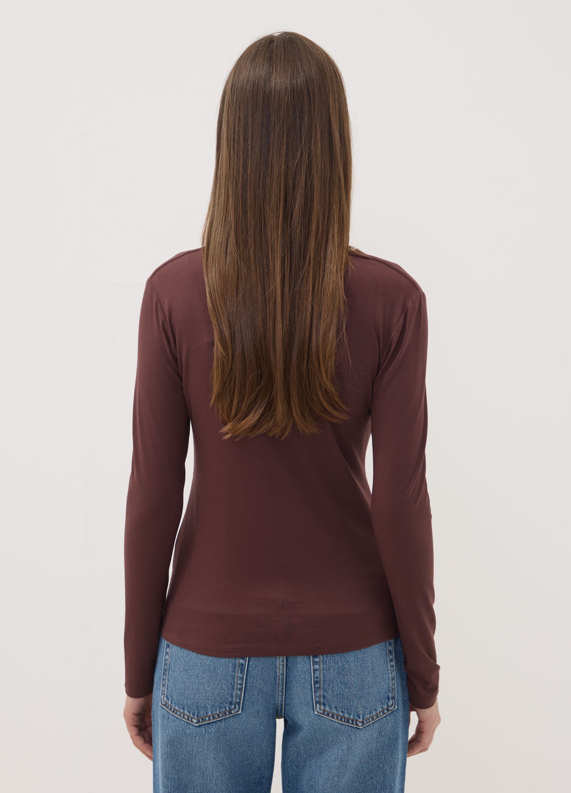 Brown stretch viscose slim-fit T-shirt with front ruching