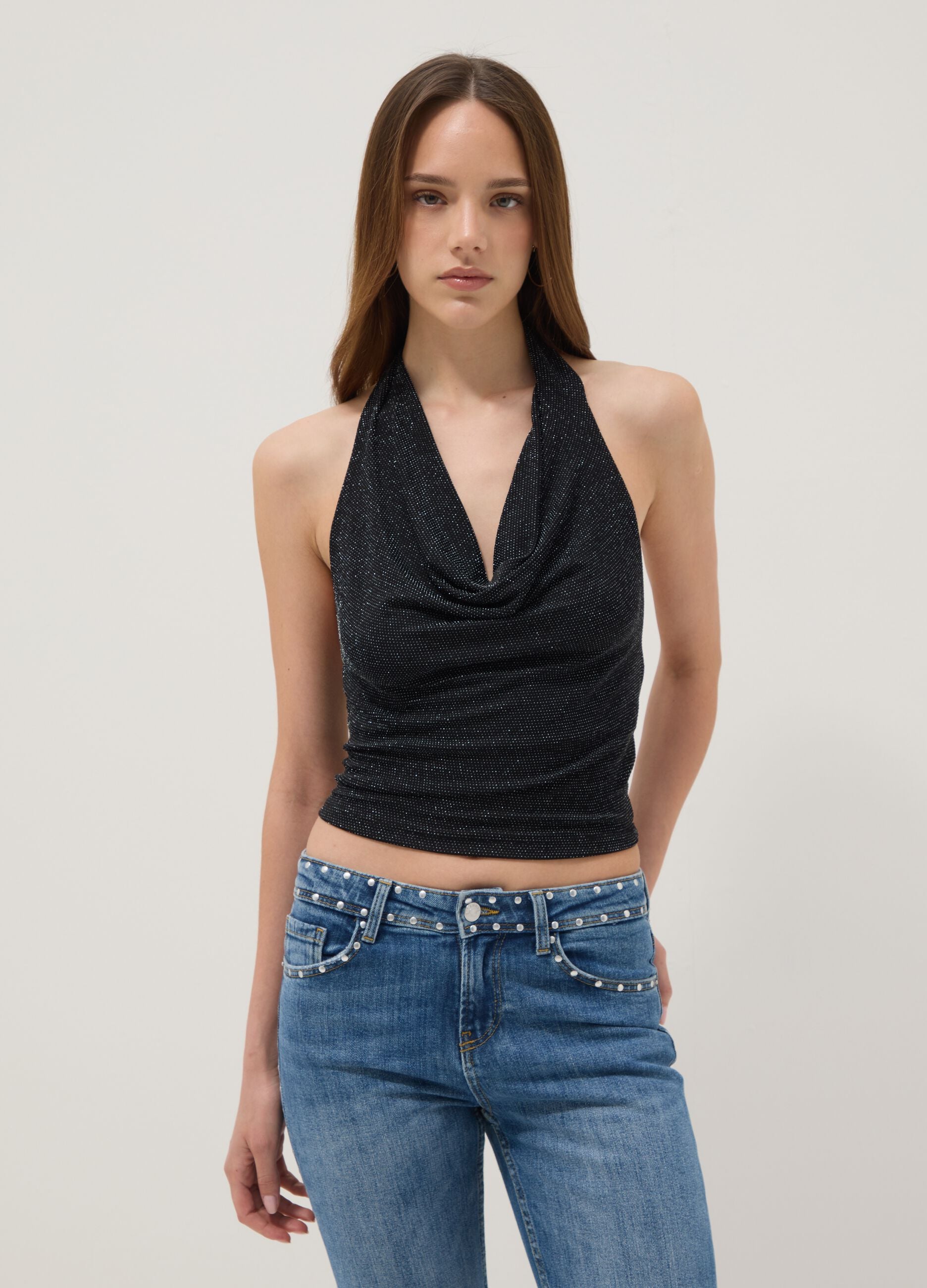 Black halterneck top in stretch fabric, regular fit