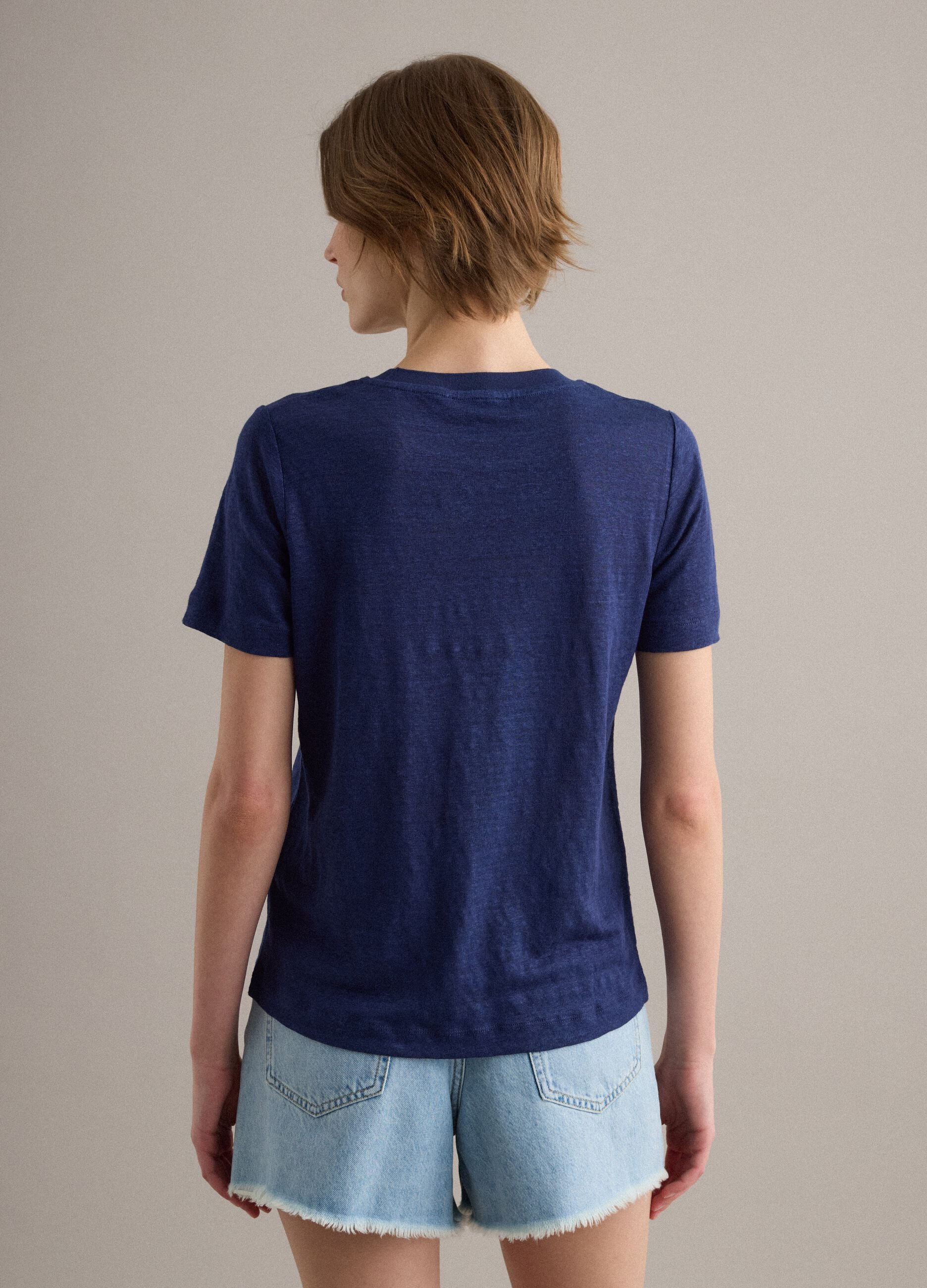 Blue pure linen short-sleeve T-shirt, regular fit