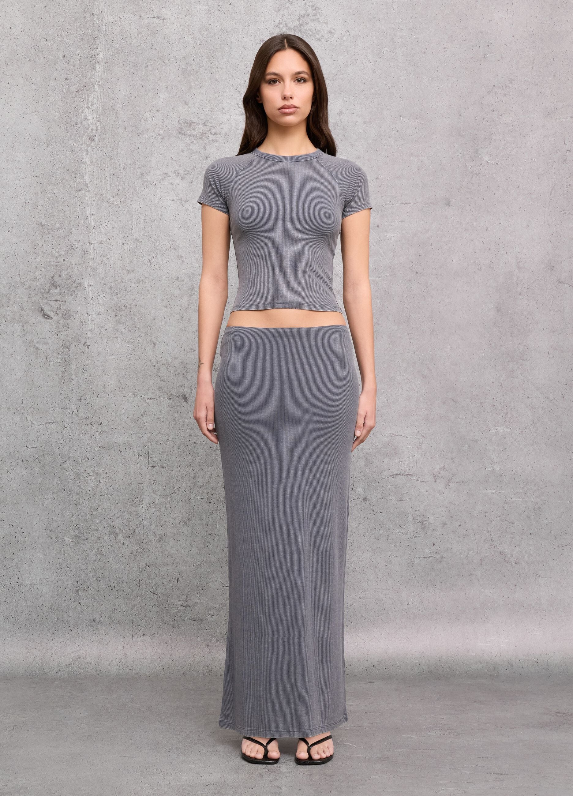 Vintage Grey Ribbed Long Skirt