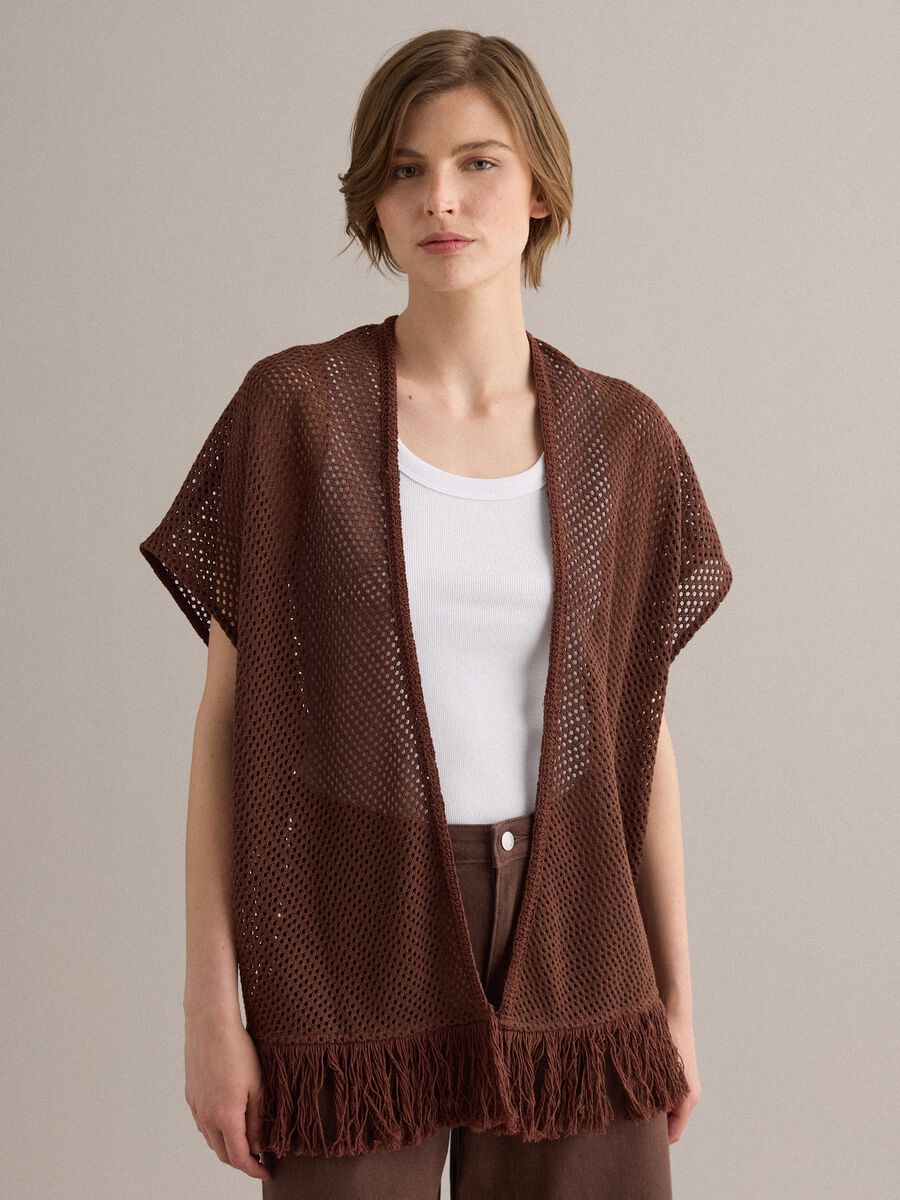 Cardigan marrone in crochet di misto viscosa con frange regular fit_0