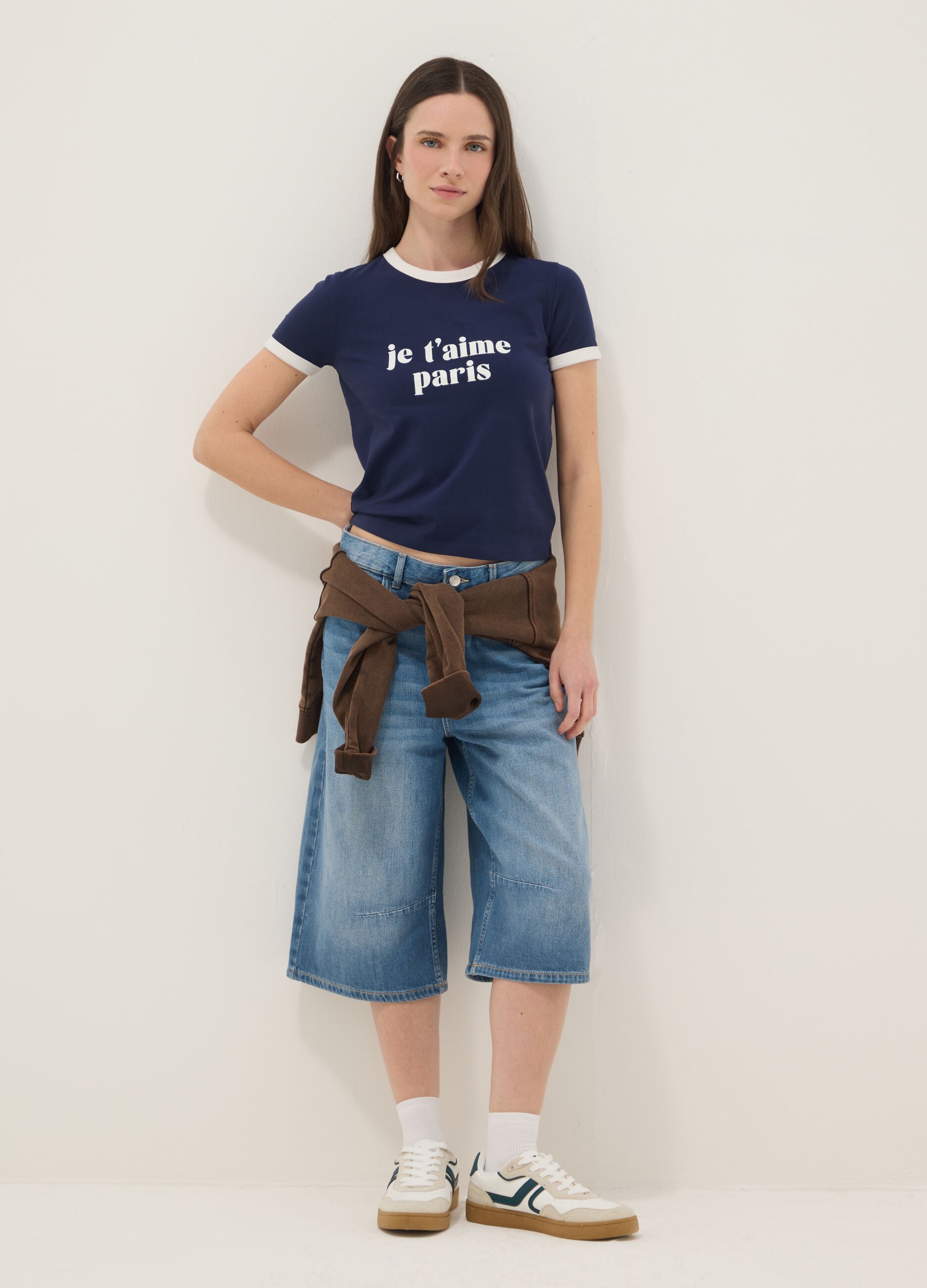 Regular fit blue stretch cotton T-shirt with print