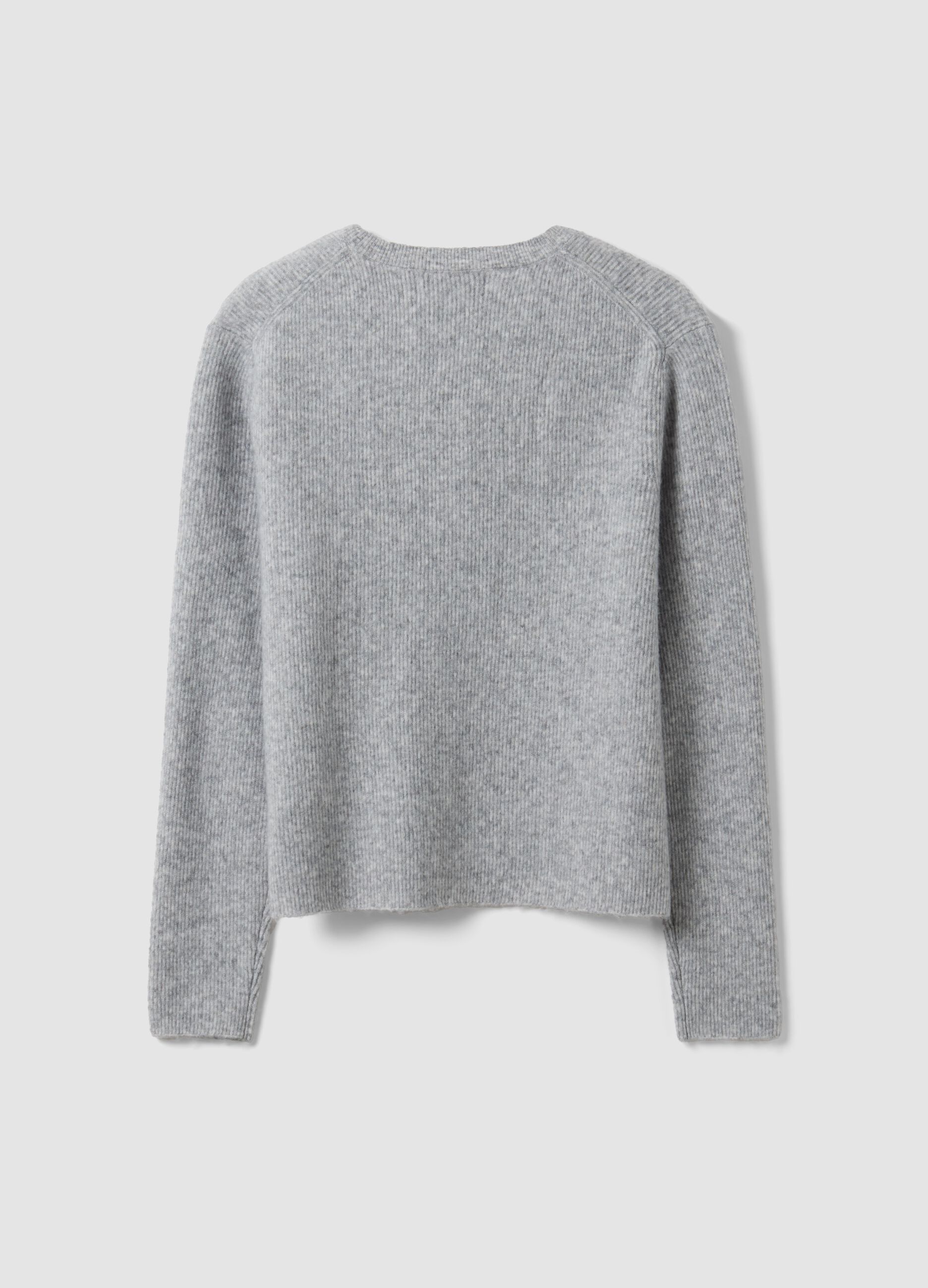 Grey crew-neck cardigan in lyocell and wool blend, oversized fit