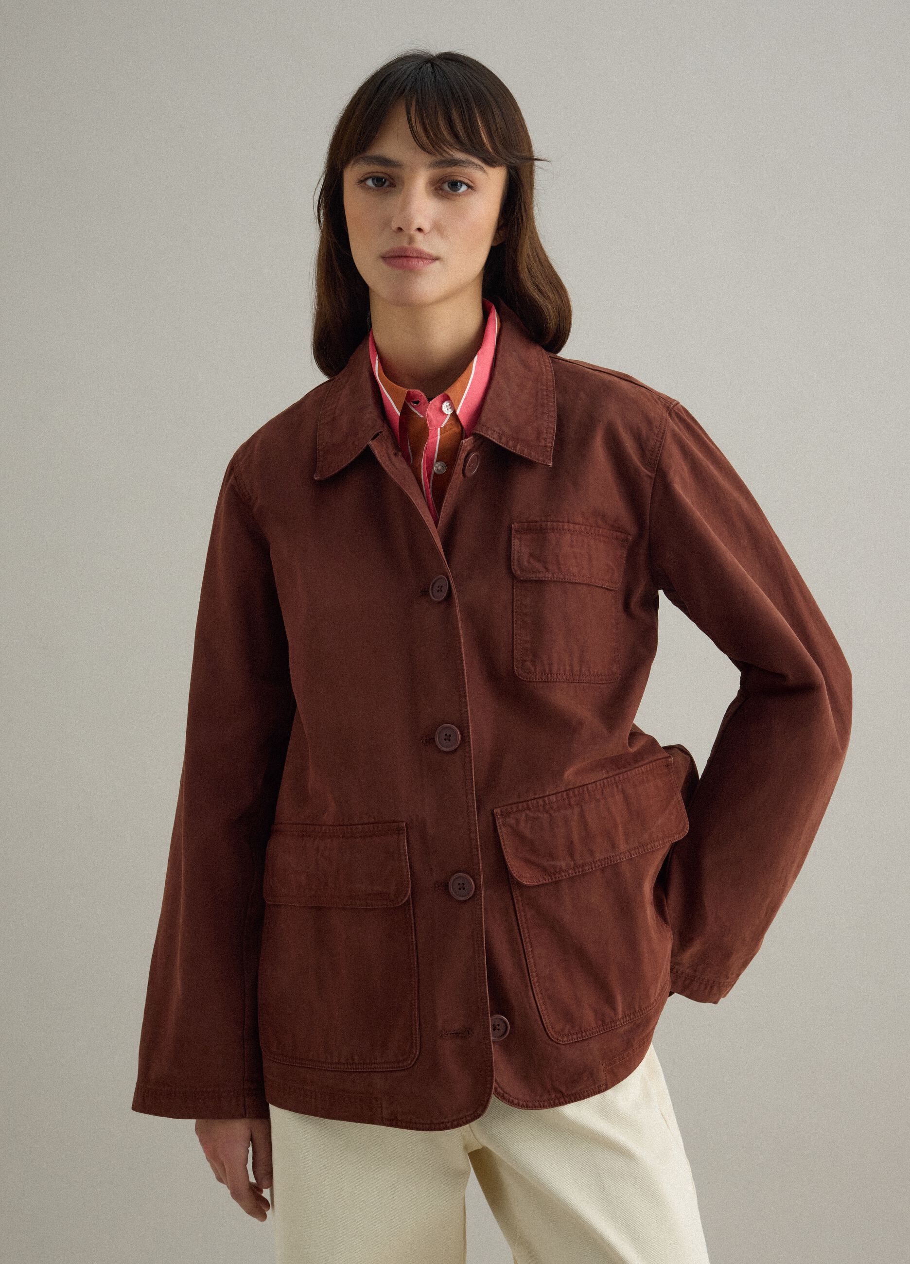 Brown pure cotton regular fit jacket with collar and buttons