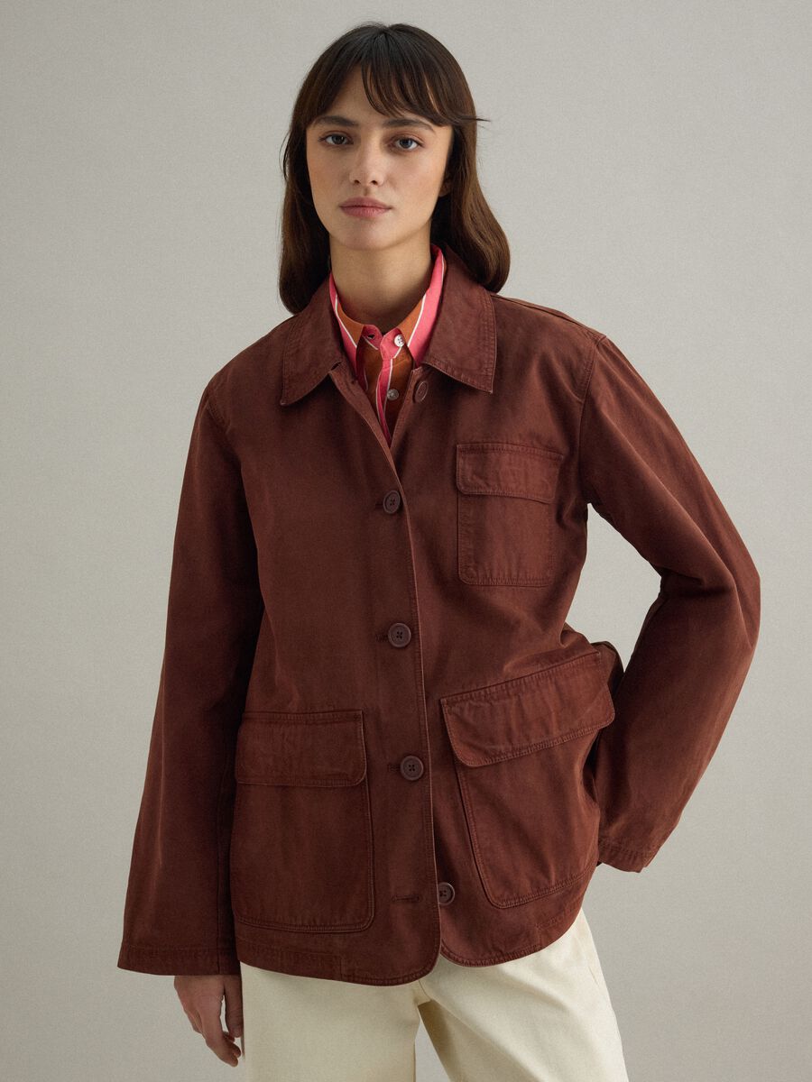 Giacca in puro cotone marrone regular fit con colletto e bottoni_1
