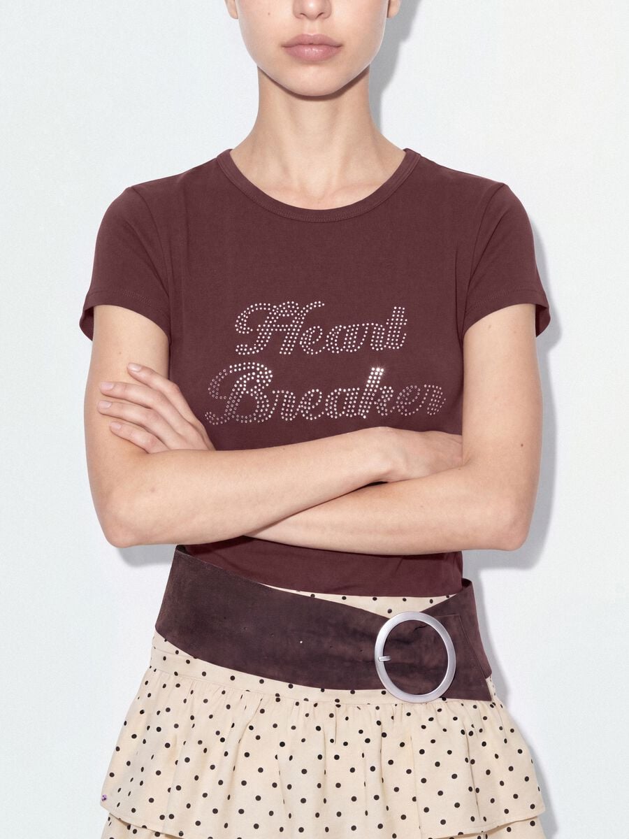 Brown fitted stretch-cotton T-shirt with rhinestone embellishments_3