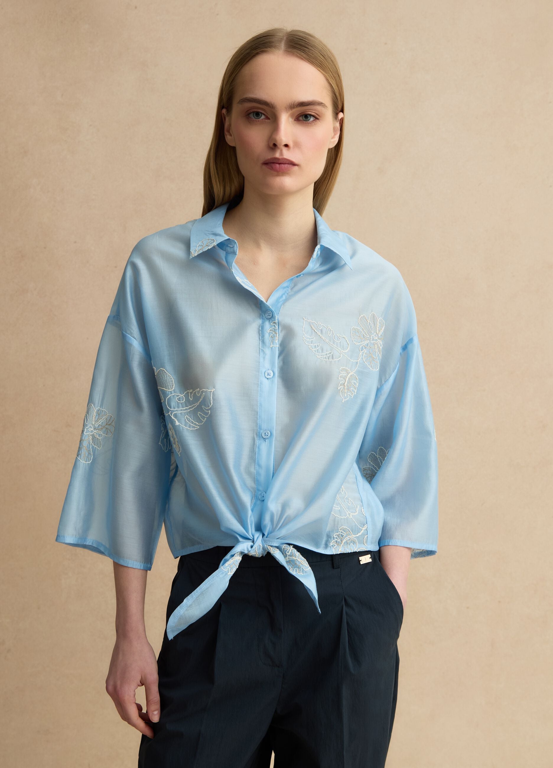 Regular fit blue lyocell blend shirt with floral embroidery