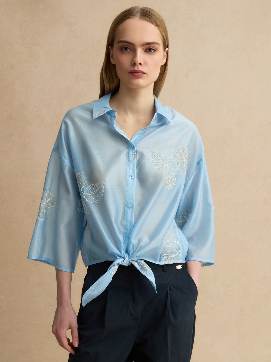 Regular fit blue lyocell blend shirt with floral embroidery_1