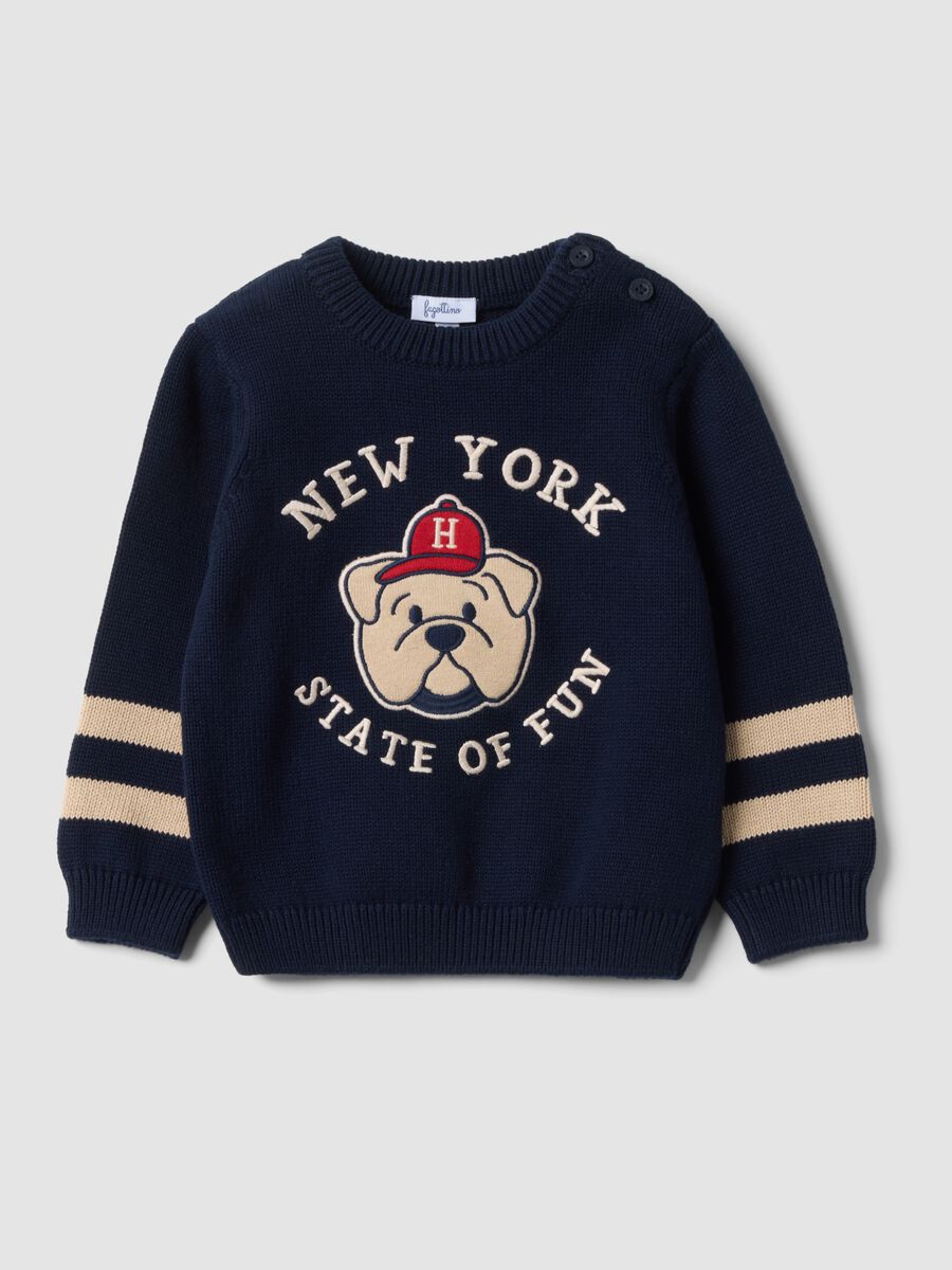 Blue pure cotton crew-neck jumper with puppy print for baby boy_1