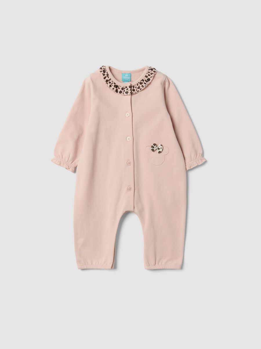 Pink organic cotton sleepsuit with ruffled collar and Minnie embroidery_0