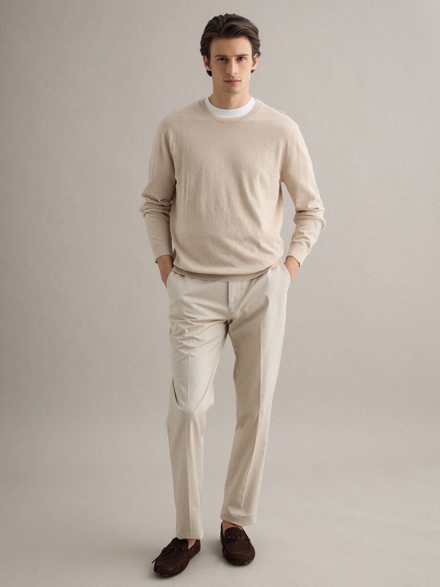 Beige regular fit cotton and linen crew neck pullover_1