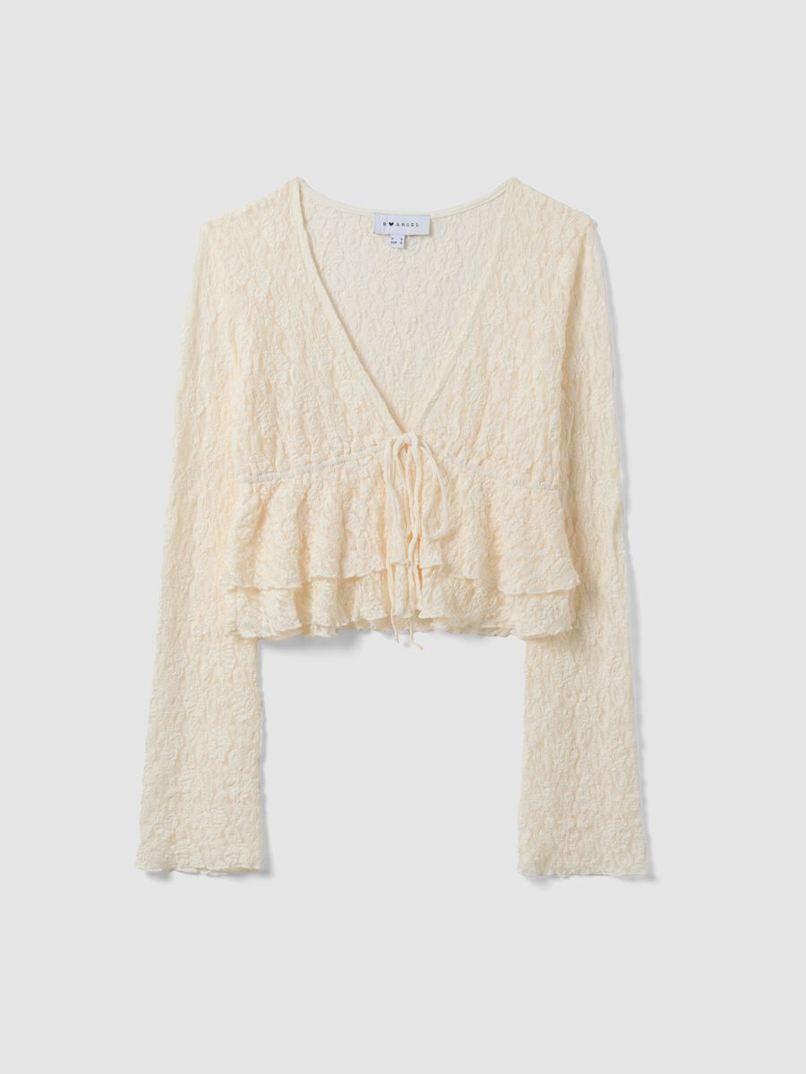White stretch top with deep V-neck and ruffle trim_4