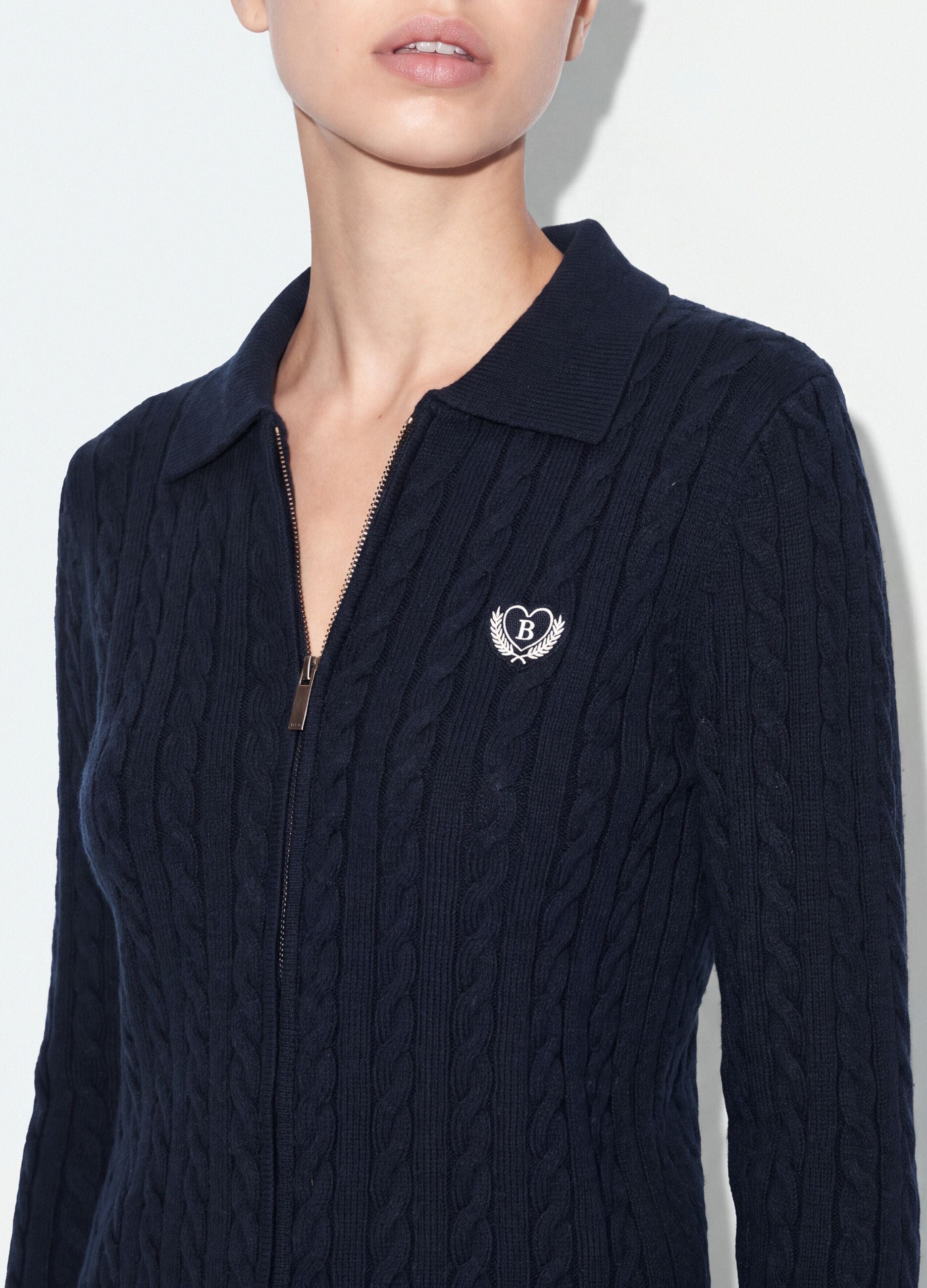 Navy viscose-blend fitted cardigan with polo collar