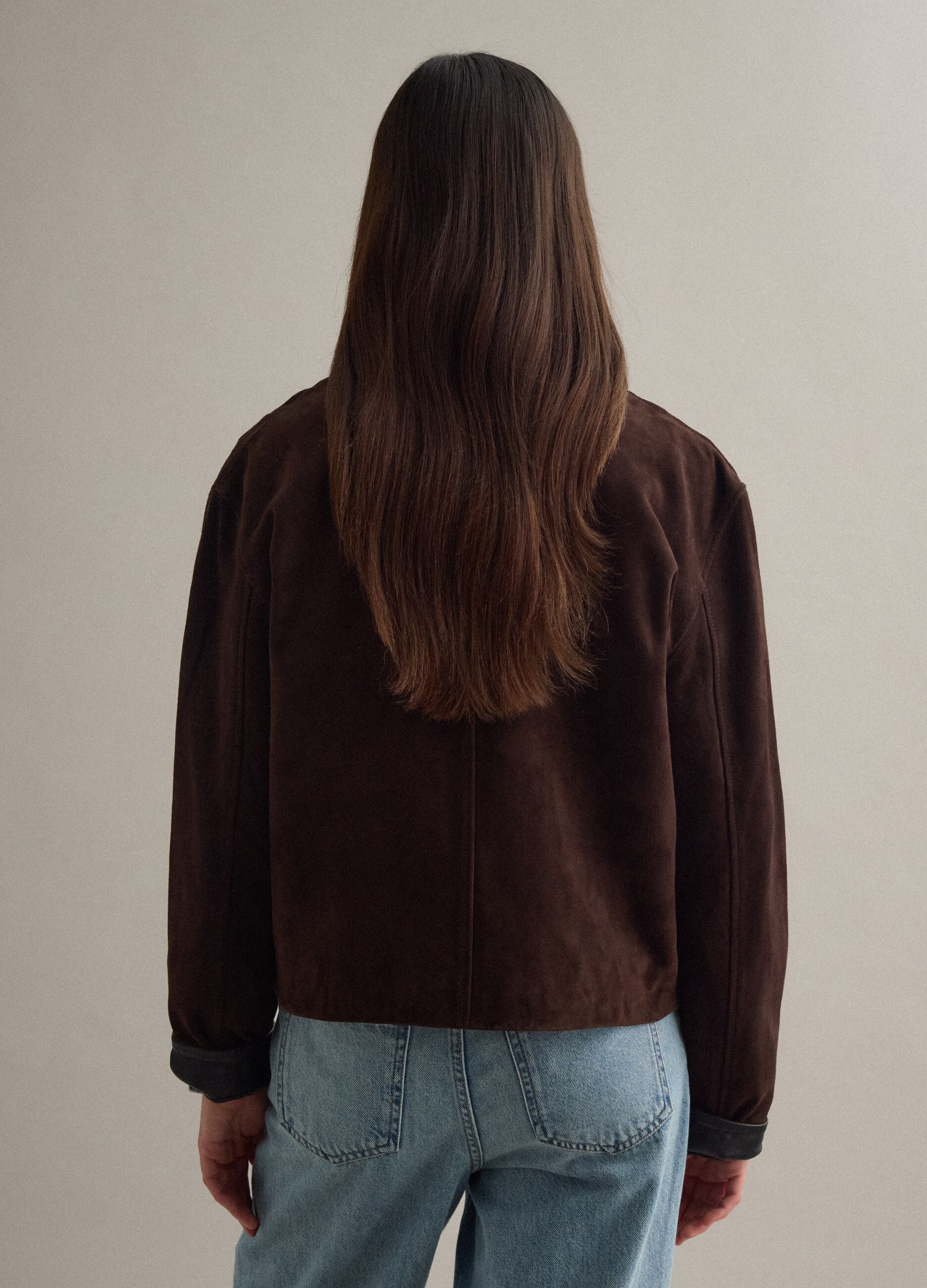 Brown regular fit genuine leather jacket with contrasting collar