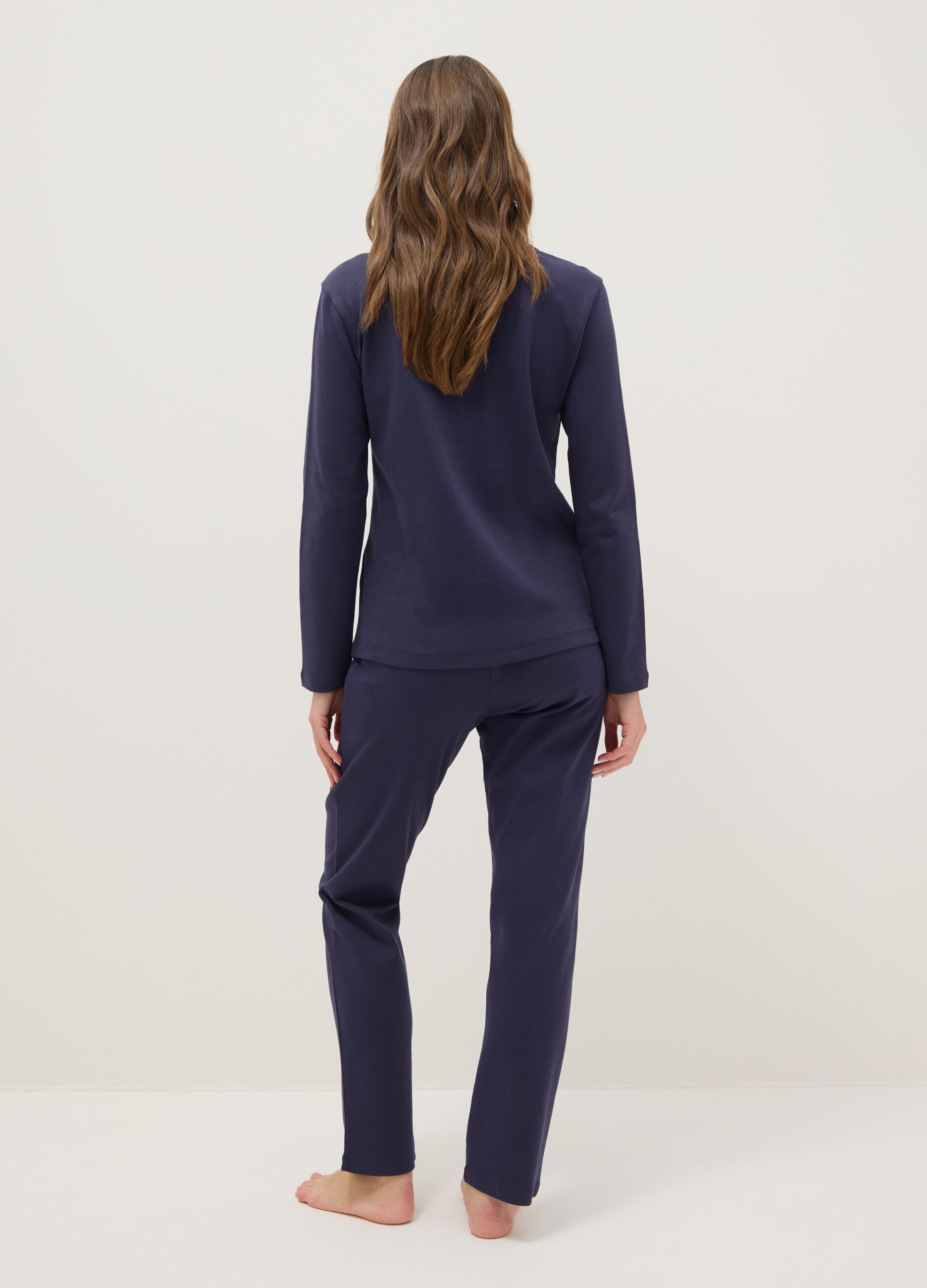 Blue pure cotton regular fit pyjamas with chest pocket and V-neck