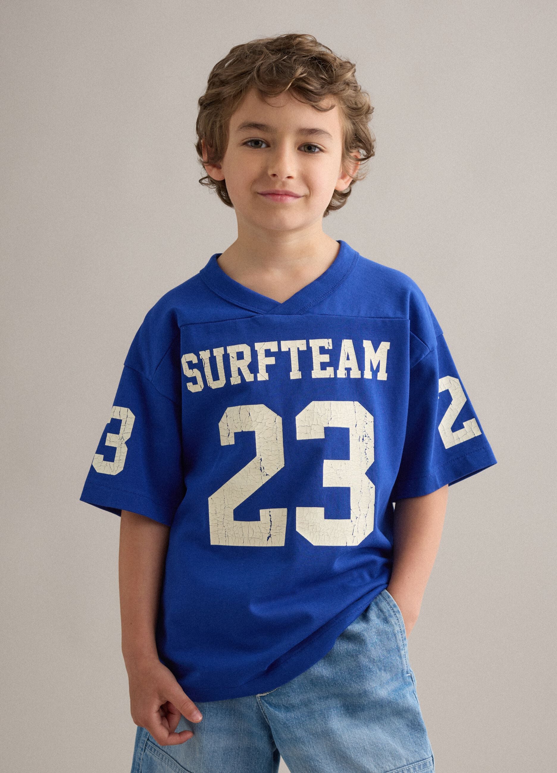 Children's oversized blue pure cotton T-shirt with prints