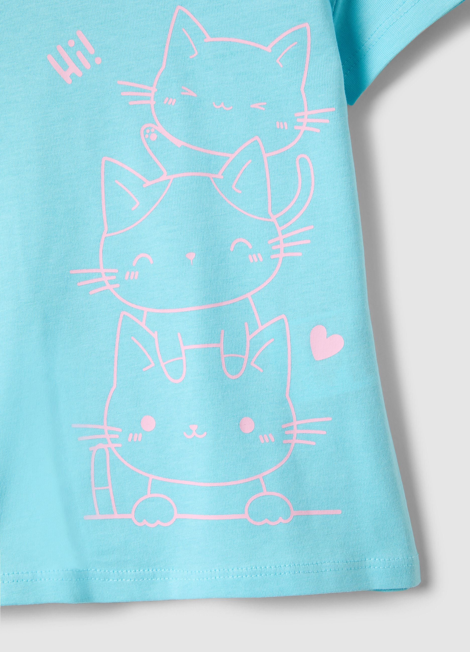 Sky blue pure cotton girl's t-shirt with cat print, regular fit