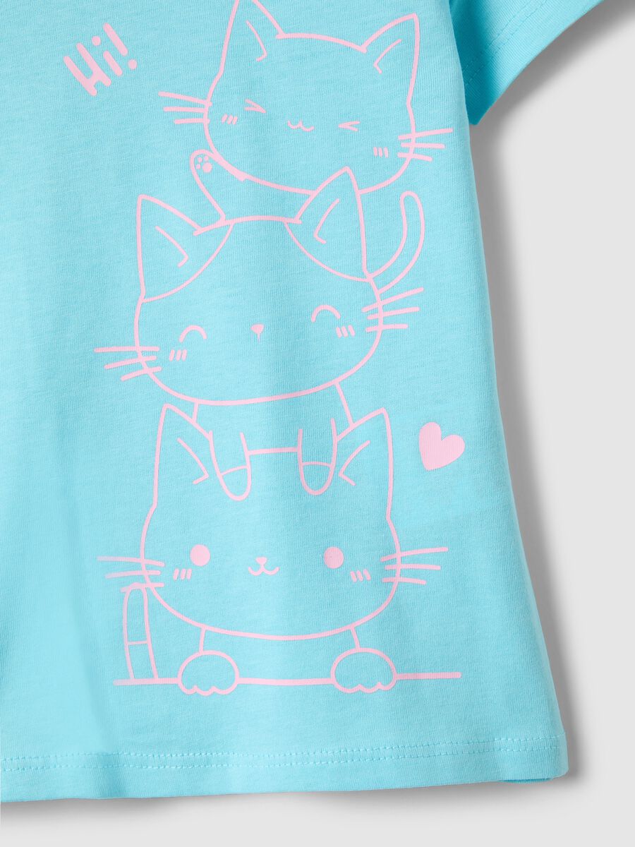 Sky blue pure cotton girl's t-shirt with cat print, regular fit_2