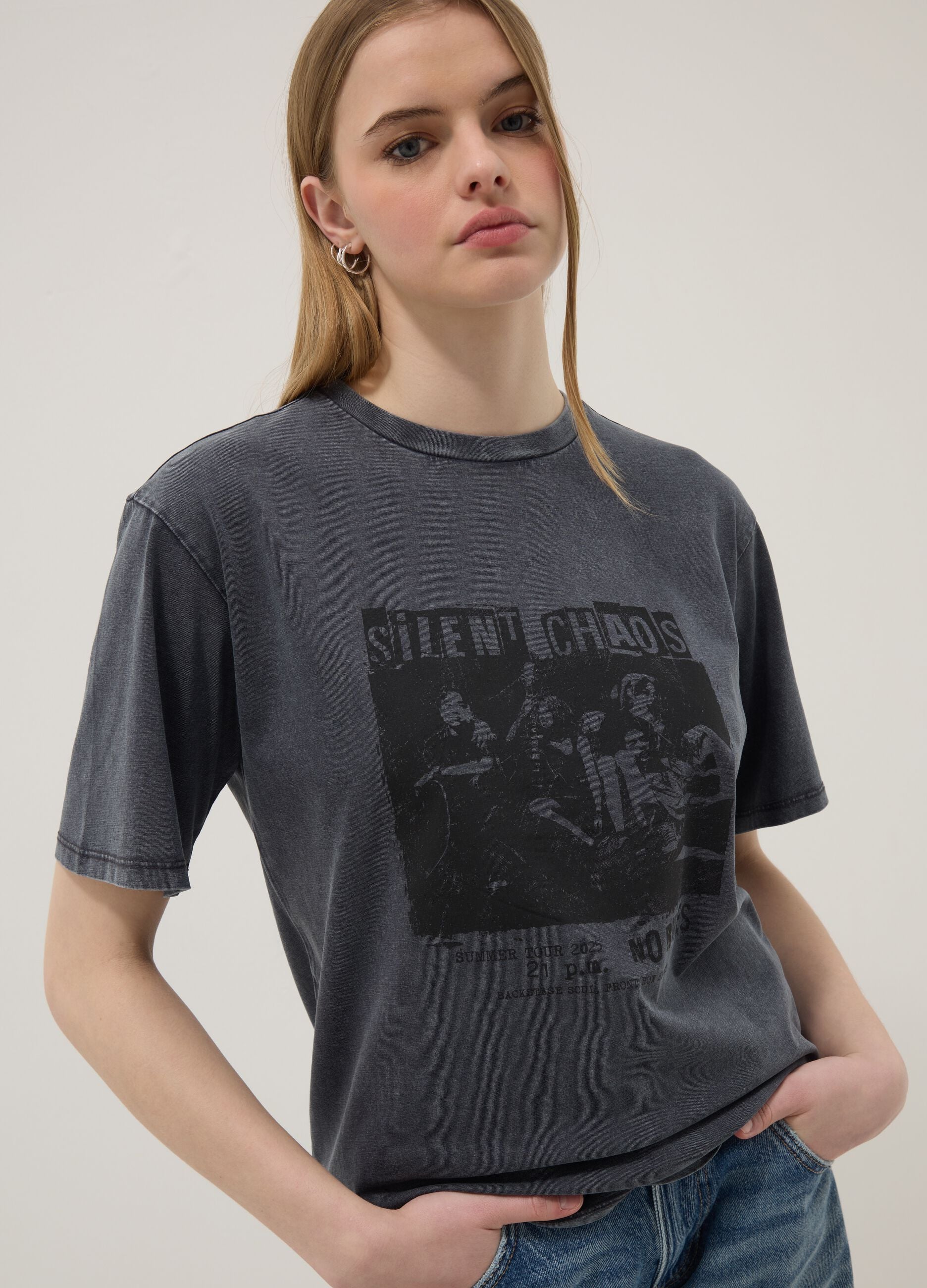 Grey pure cotton relaxed fit T-shirt with print