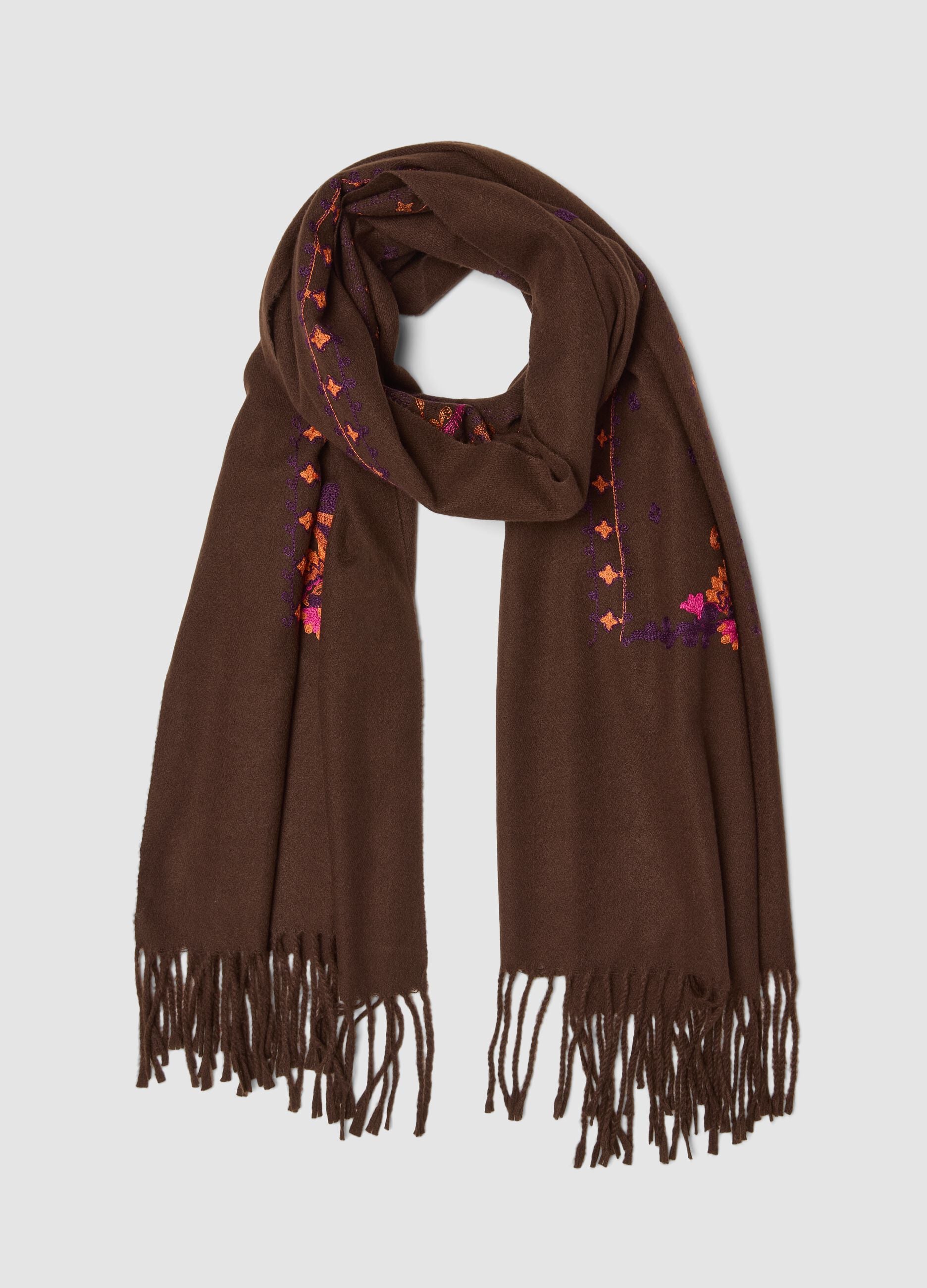 Brown viscose-blend scarf with embroidery and fringes