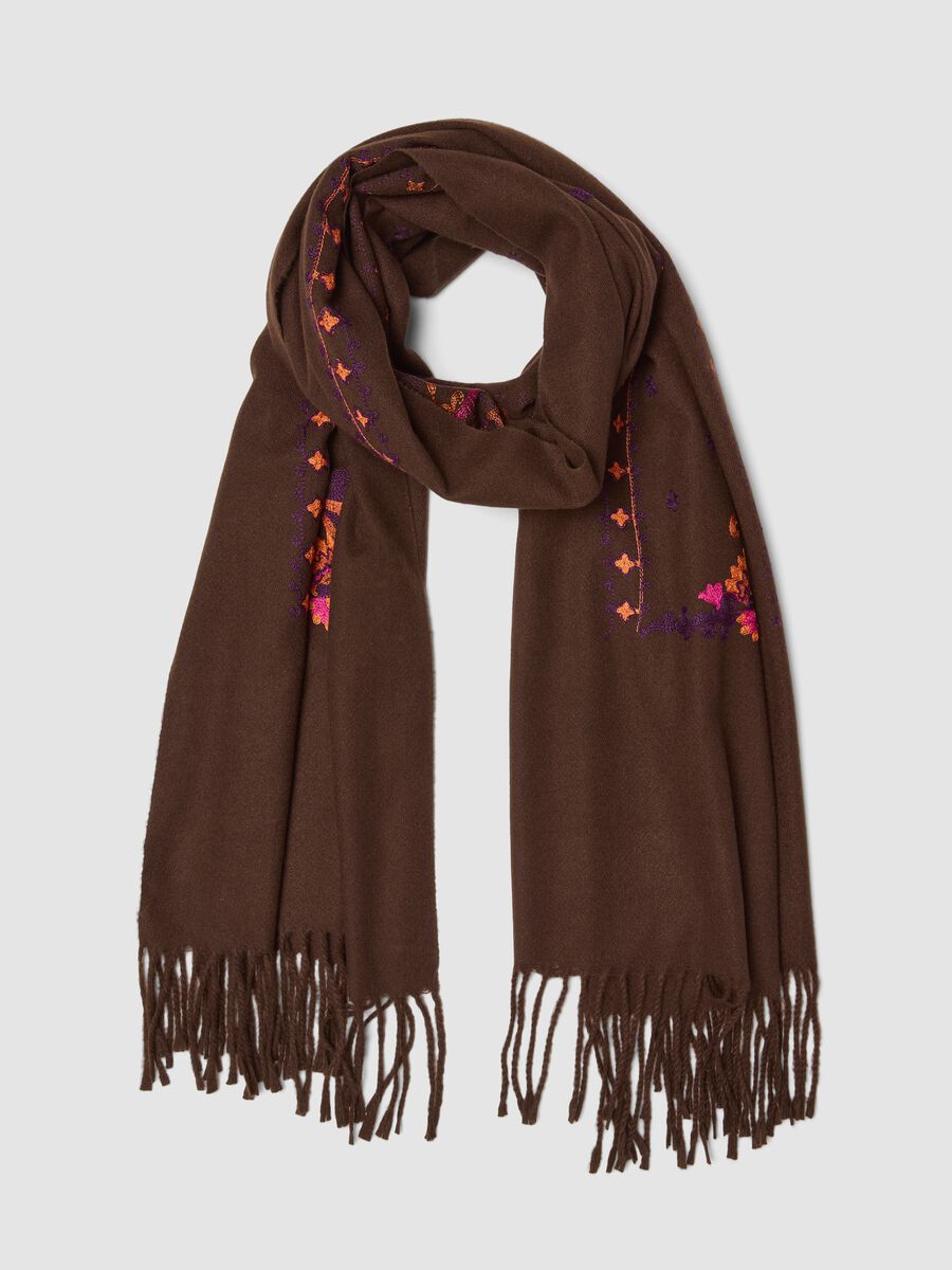 Brown viscose-blend scarf with embroidery and fringes_0