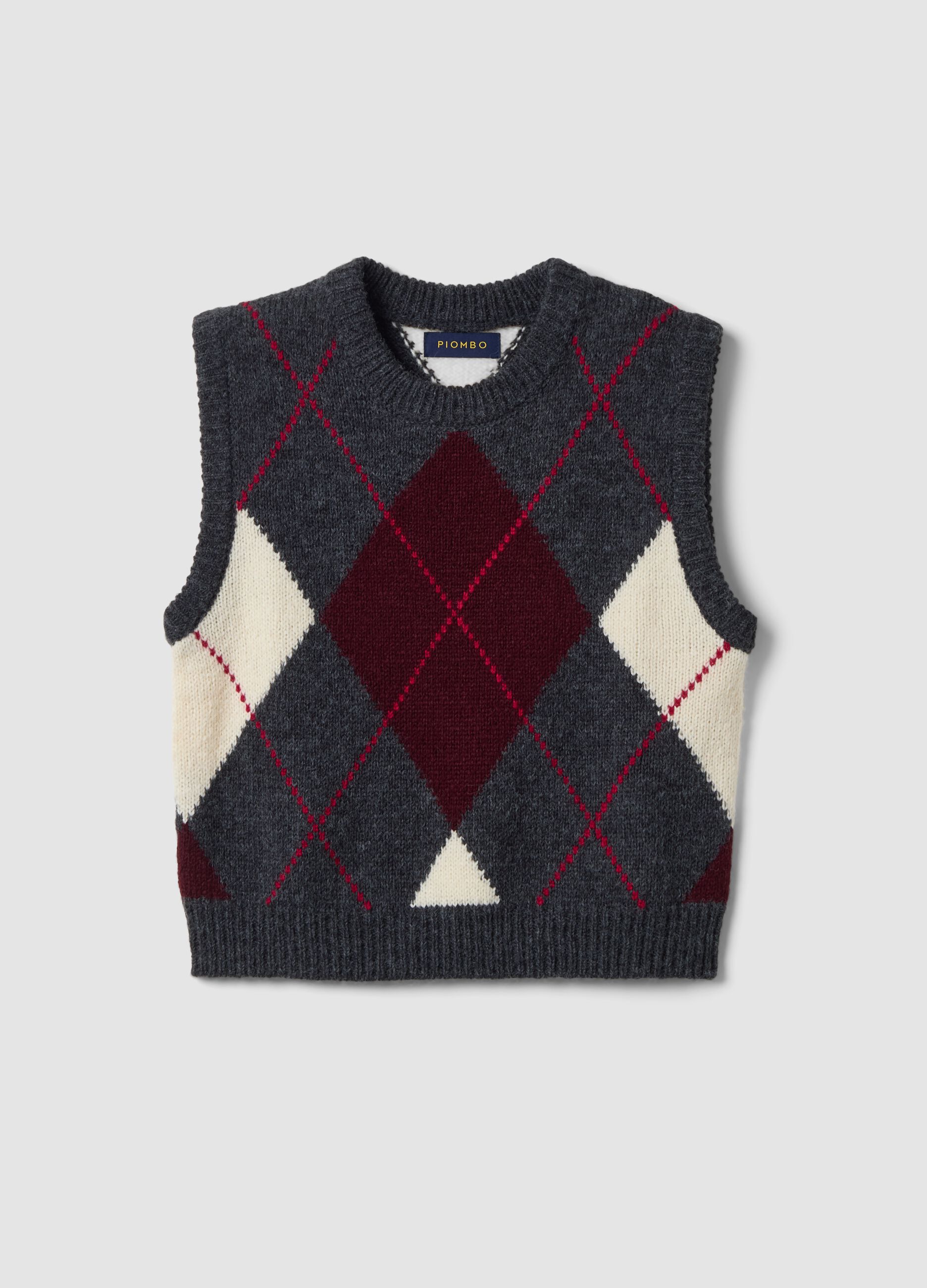 Grey jacquard wool-blend crew-neck gilet, regular fit