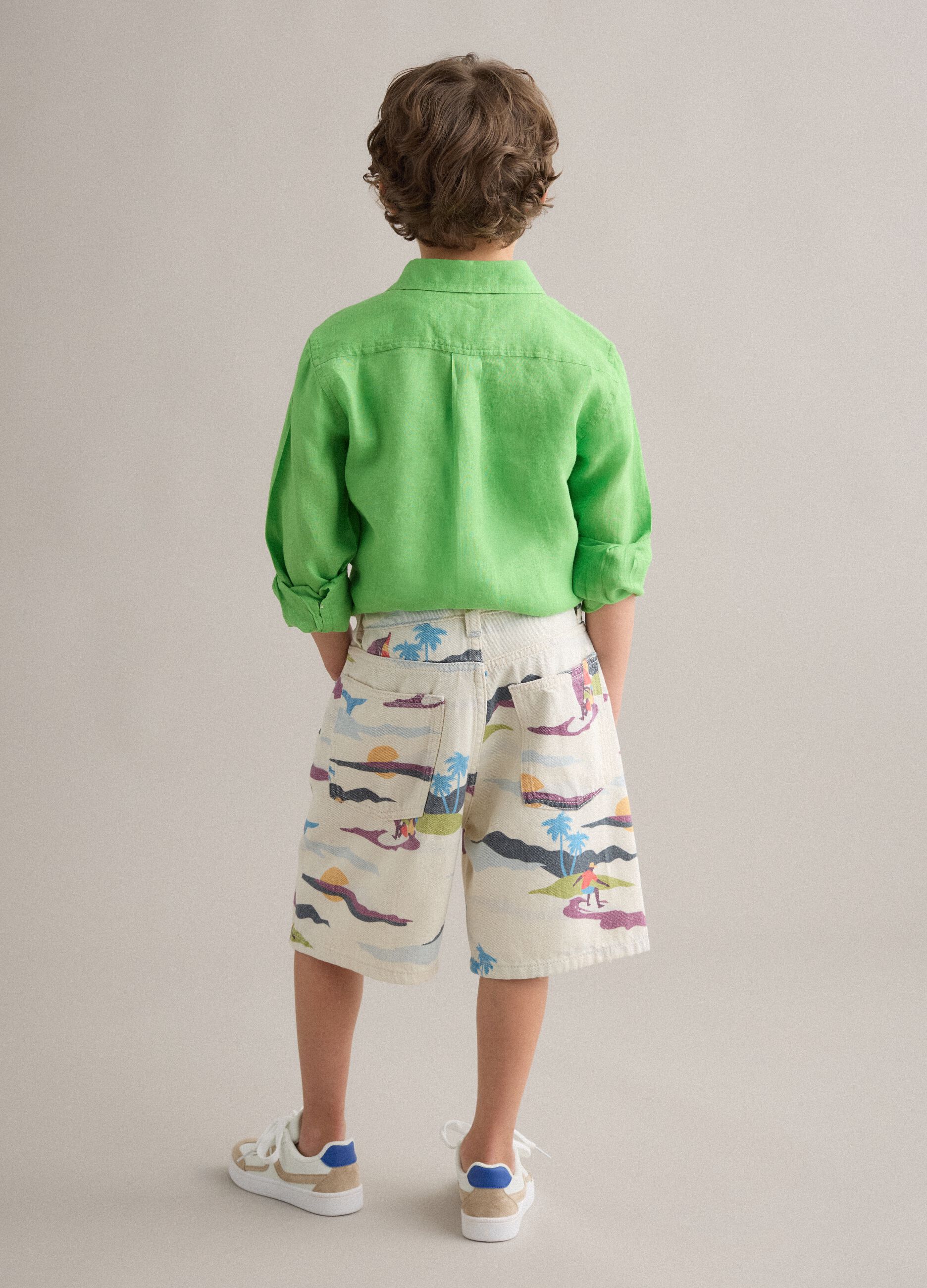 Beige pure cotton shorts with all-over print