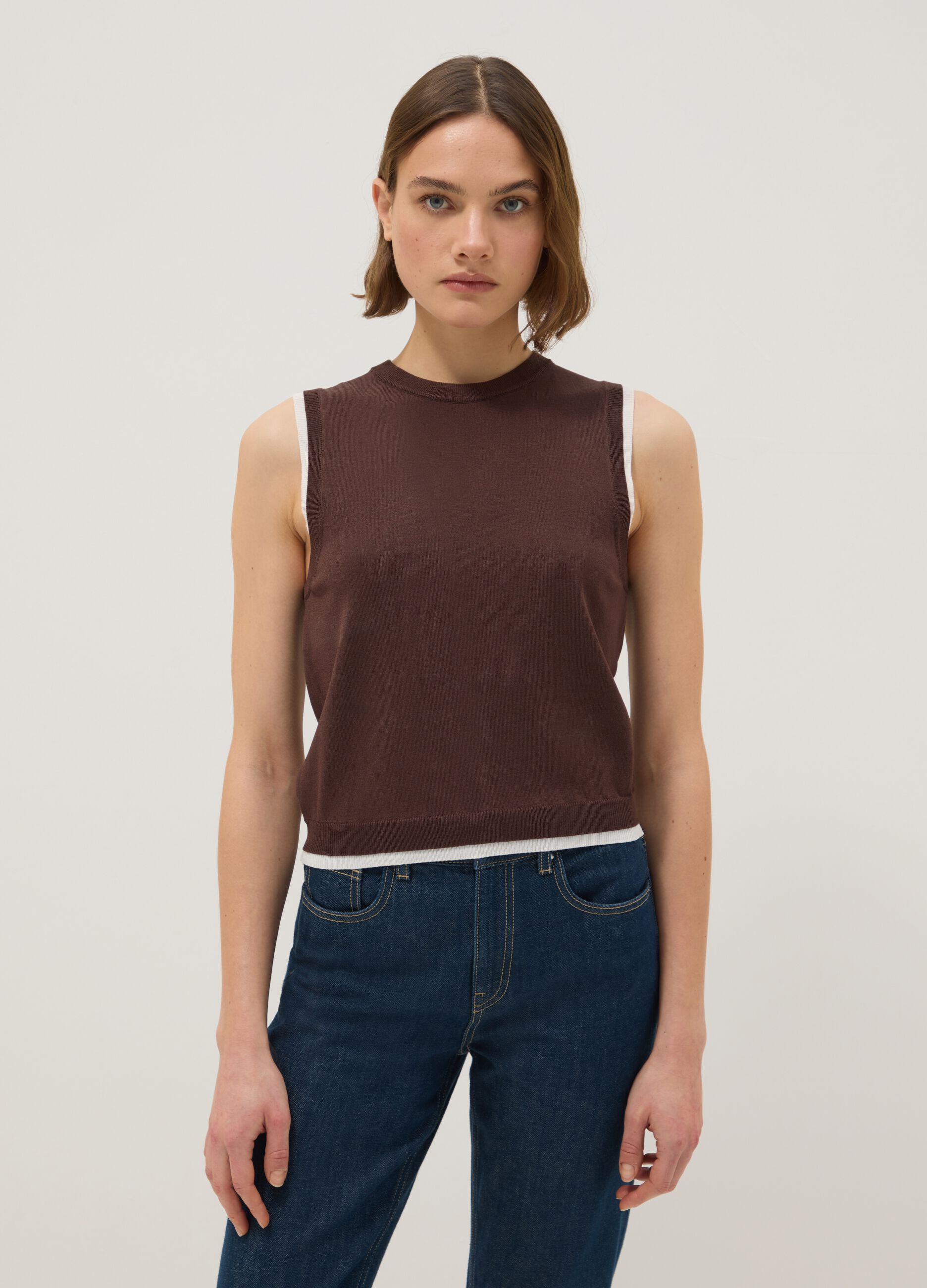 Brown Sleeveless Viscose Blend Tank Top - Regular Fit