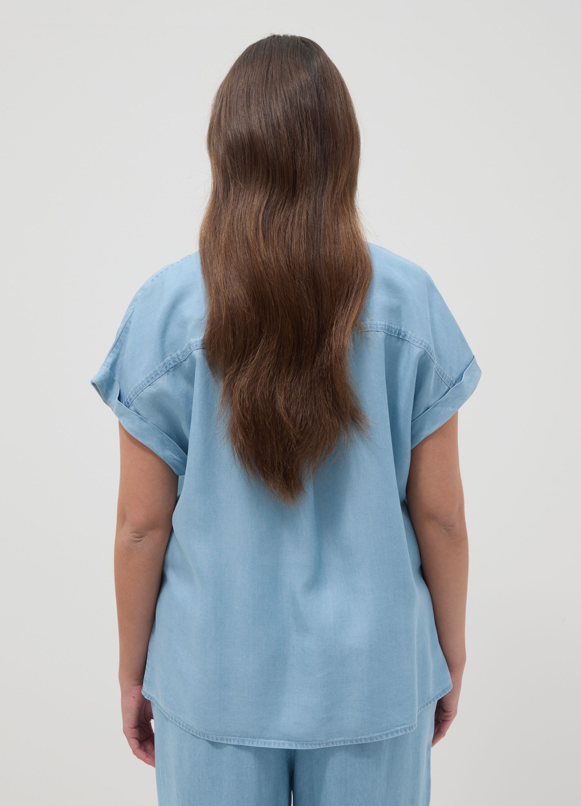 Regular fit pure lyocell blue blouse with mandarin collar