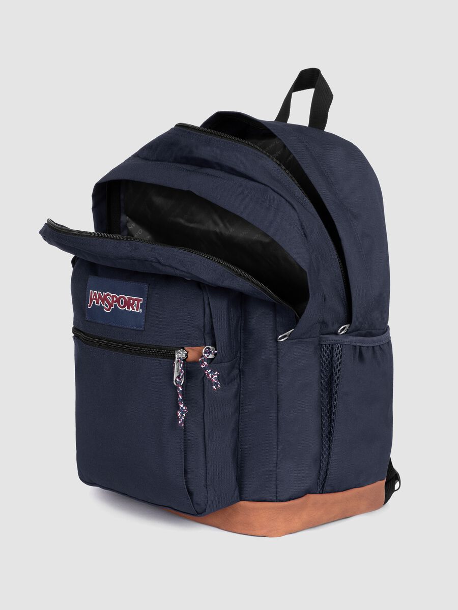 Blue backpack with brown base and external pockets_2